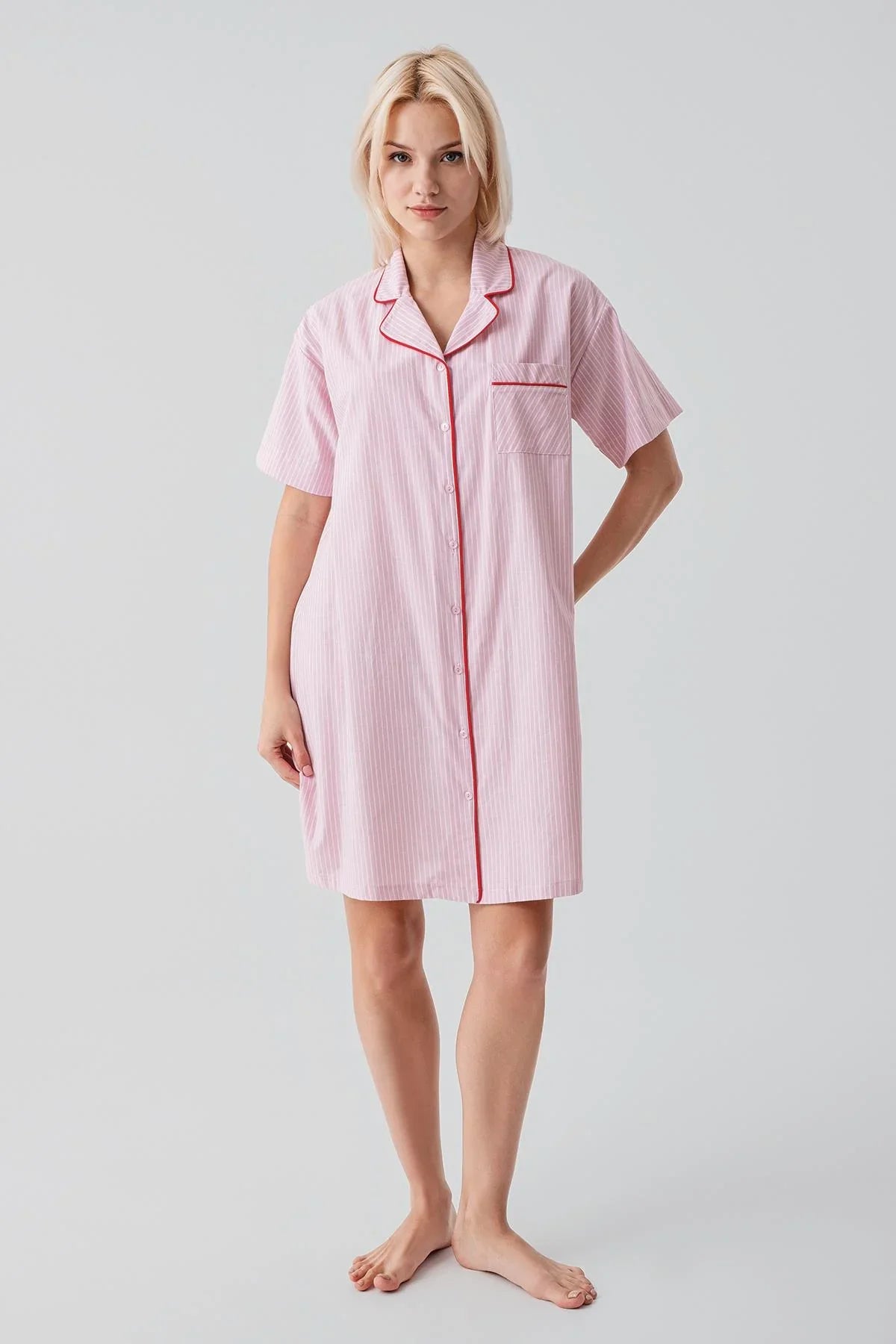 Kısa Kollu Çizgili Düğmeli Dokuma %100 Pamuk Pamuk Gecelik 19108