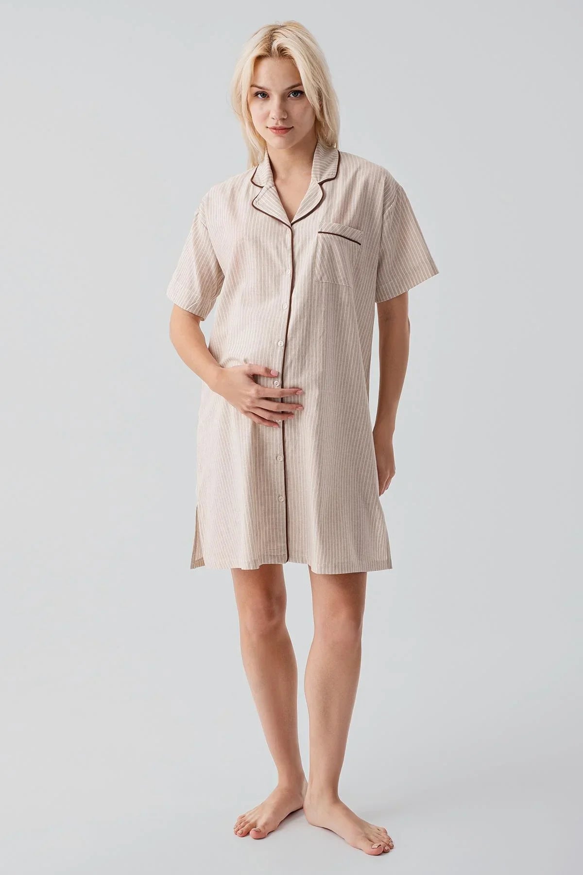Kısa Kollu Çizgili Düğmeli Dokuma %100 Pamuk Pamuk Gecelik 19108
