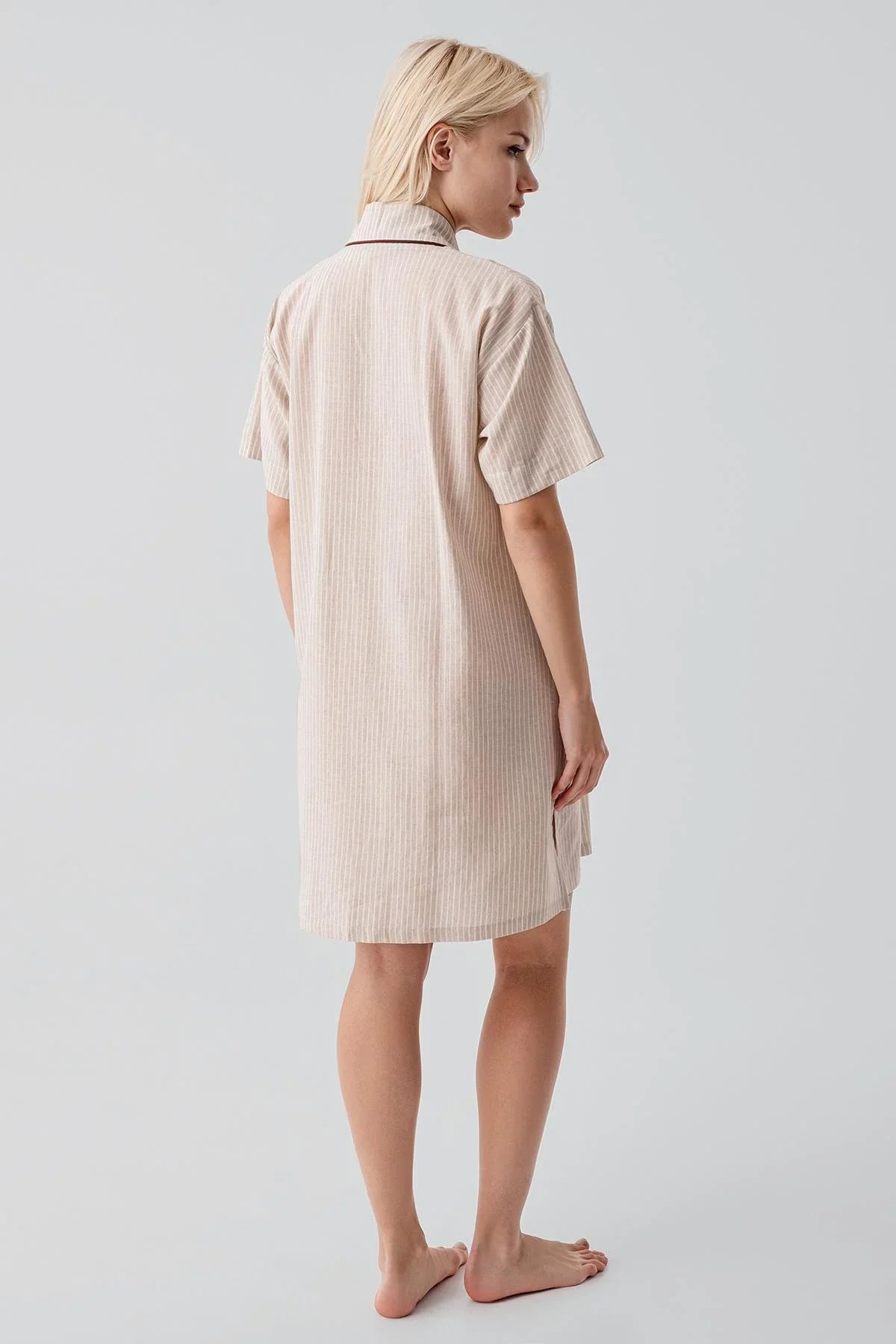 Kısa Kollu Çizgili Düğmeli Dokuma %100 Pamuk Pamuk Gecelik 19108
