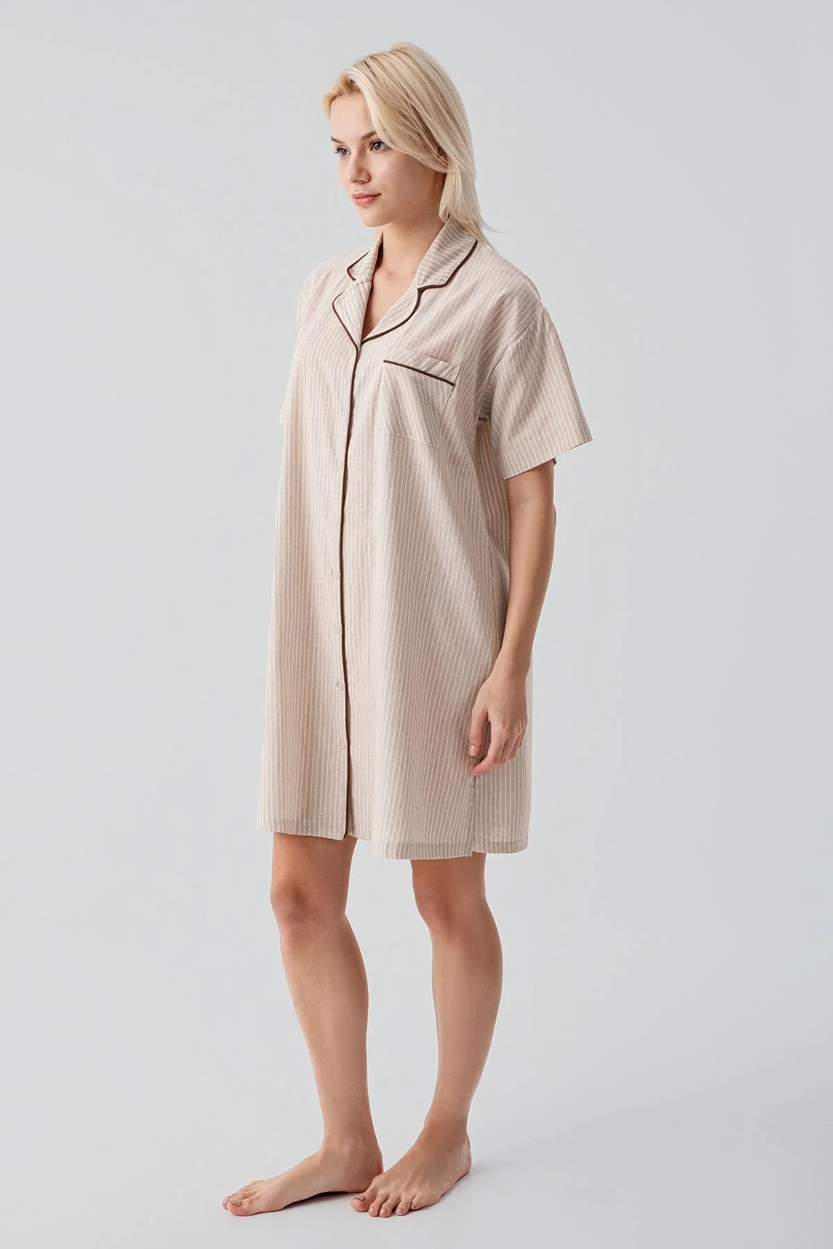 Kısa Kollu Çizgili Düğmeli Dokuma %100 Pamuk Pamuk Gecelik 19108