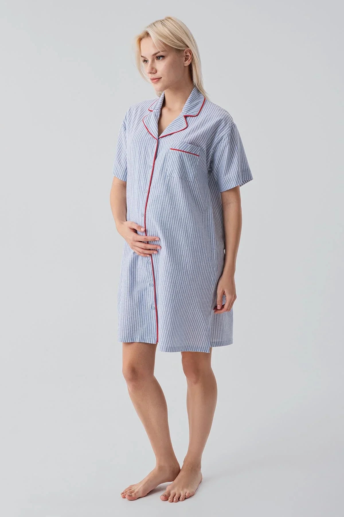 Kısa Kollu Çizgili Düğmeli Dokuma %100 Pamuk Pamuk Gecelik 19108