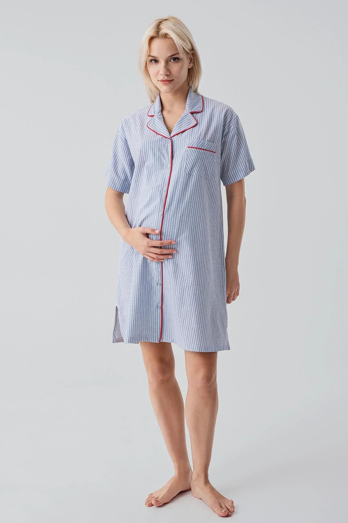 Short Sleeve Striped Buttoned Woven 100% Cotton Nightgown 19108