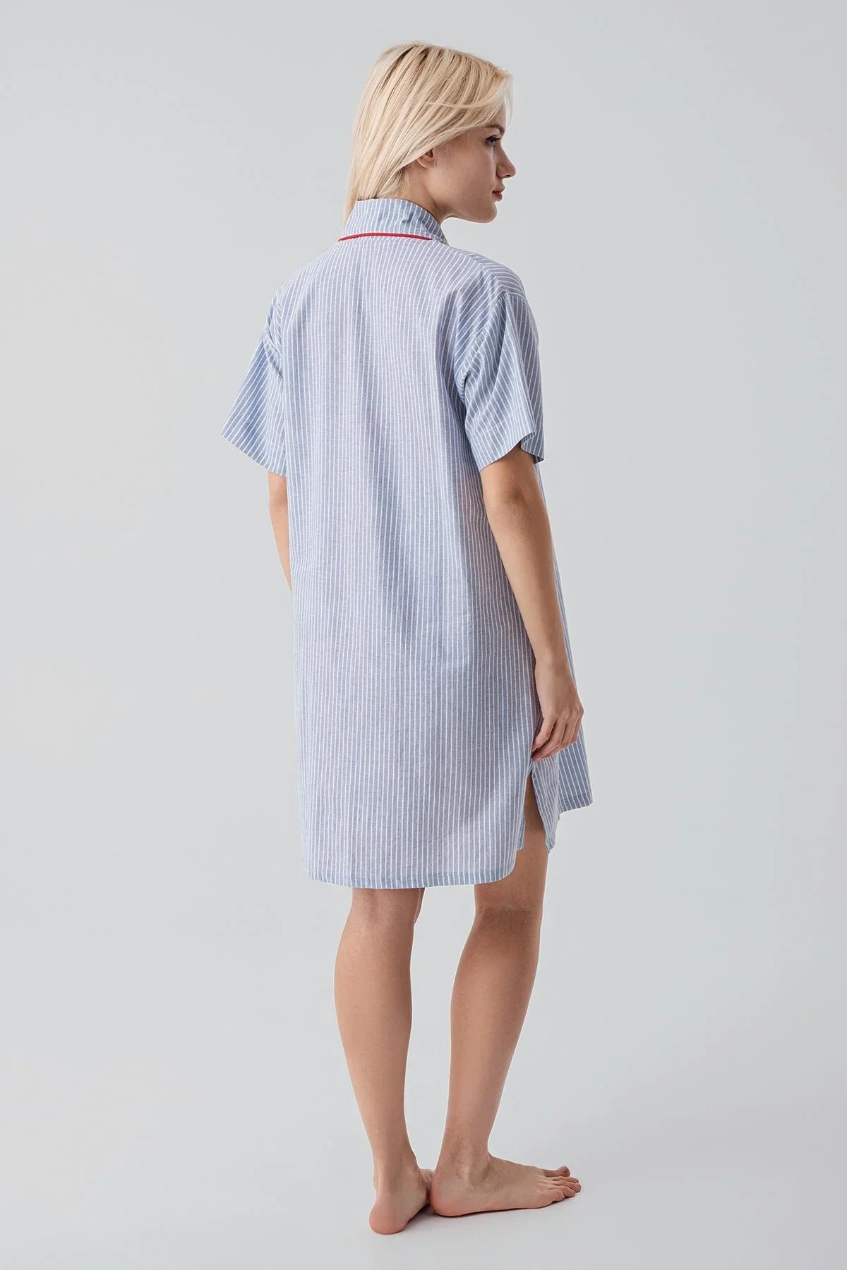 Short Sleeve Striped Buttoned Woven 100% Cotton Nightgown 19108