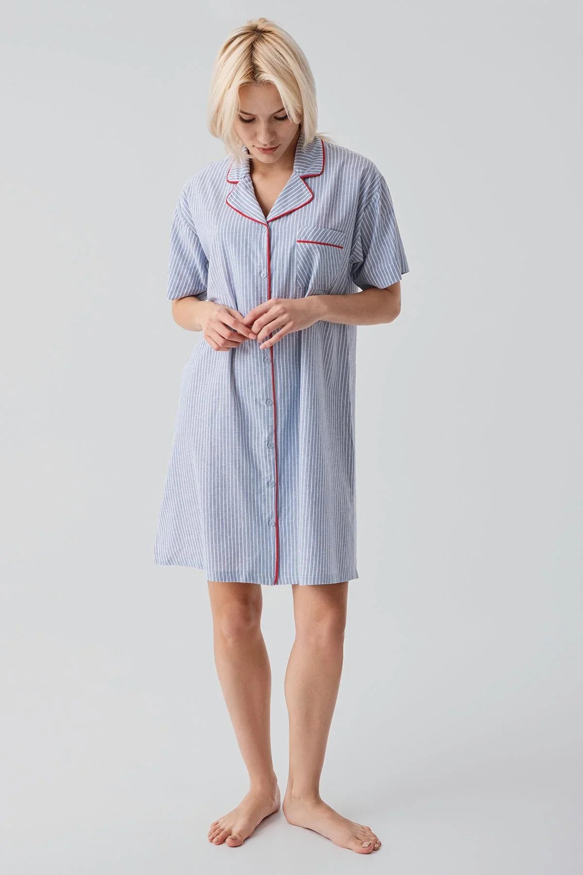 Kısa Kollu Çizgili Düğmeli Dokuma %100 Pamuk Pamuk Gecelik 19108