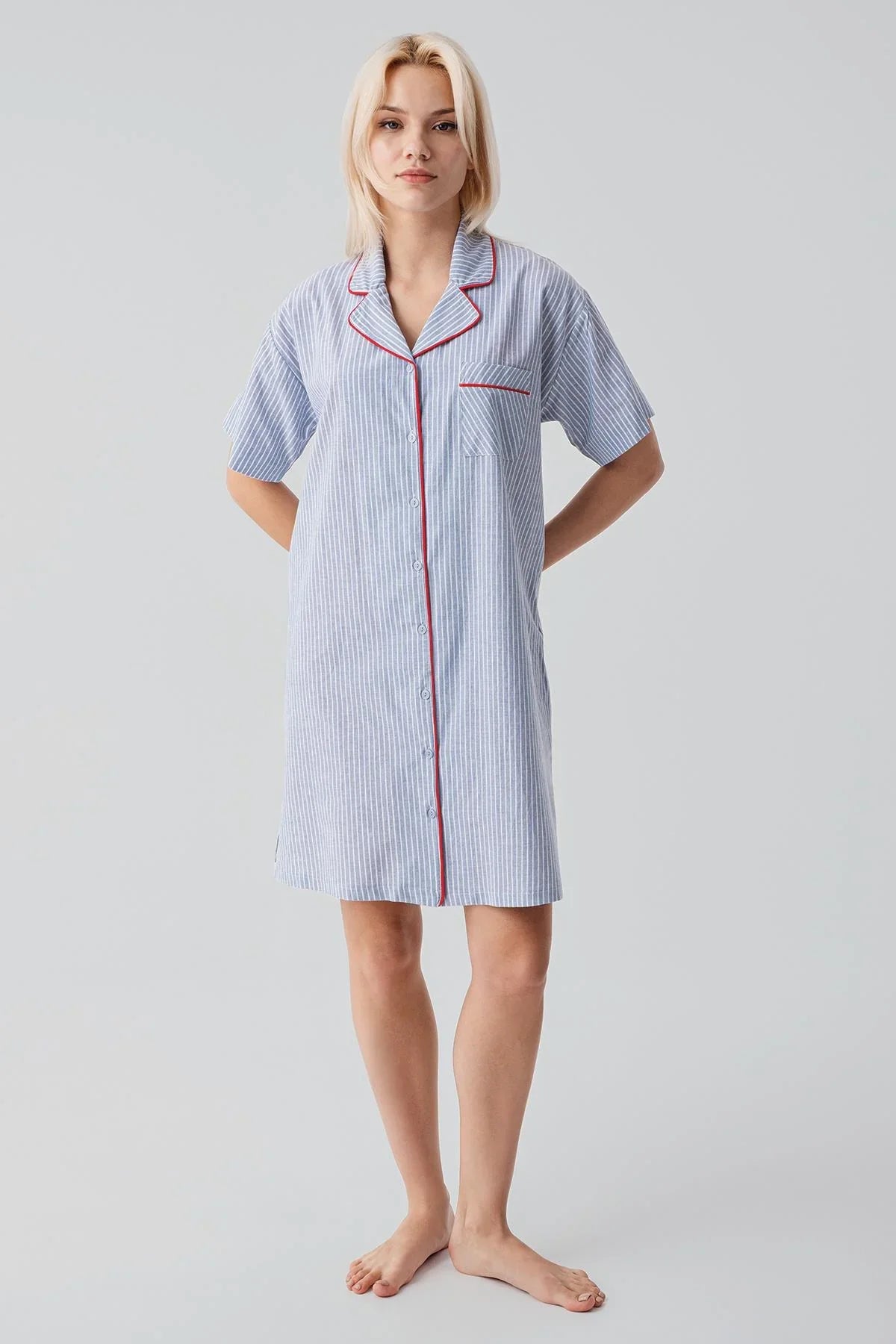 Kısa Kollu Çizgili Düğmeli Dokuma %100 Pamuk Pamuk Gecelik 19108