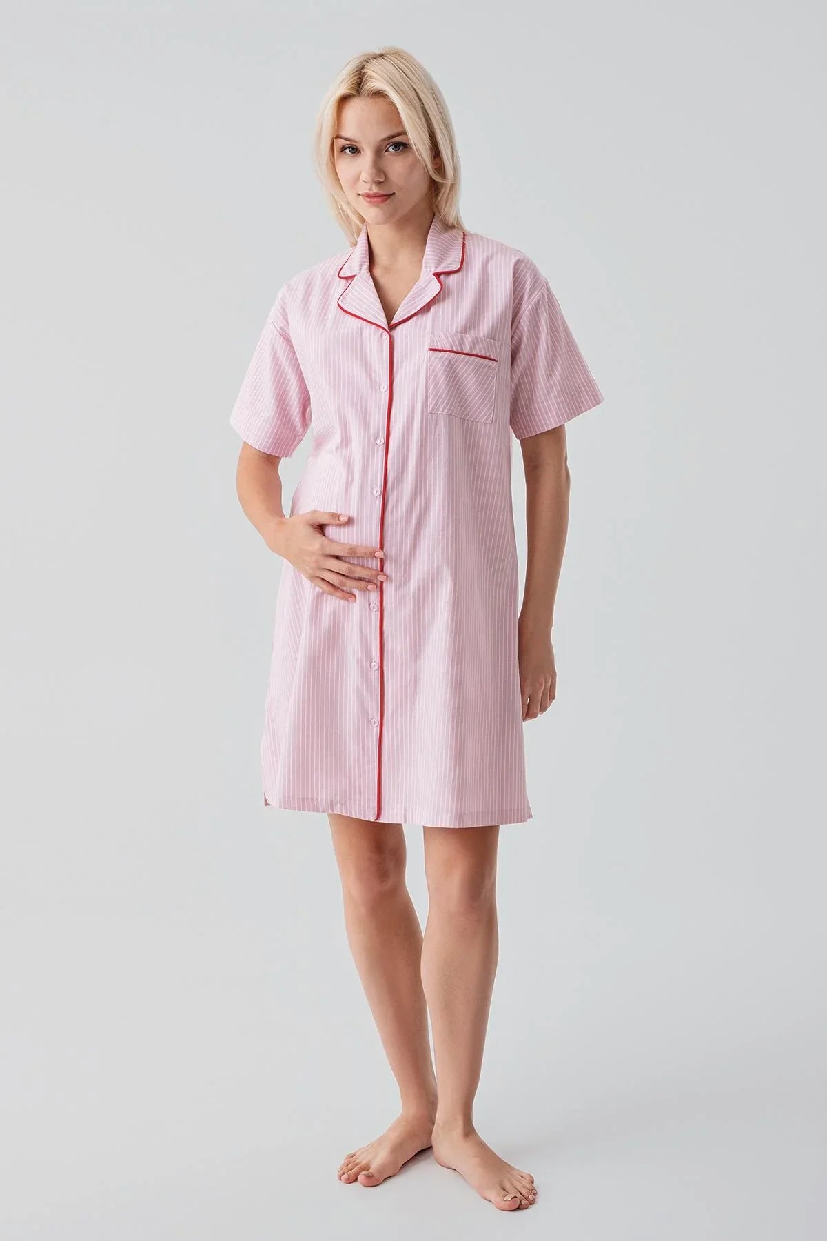 Kısa Kollu Çizgili Düğmeli Dokuma %100 Pamuk Pamuk Gecelik 19108