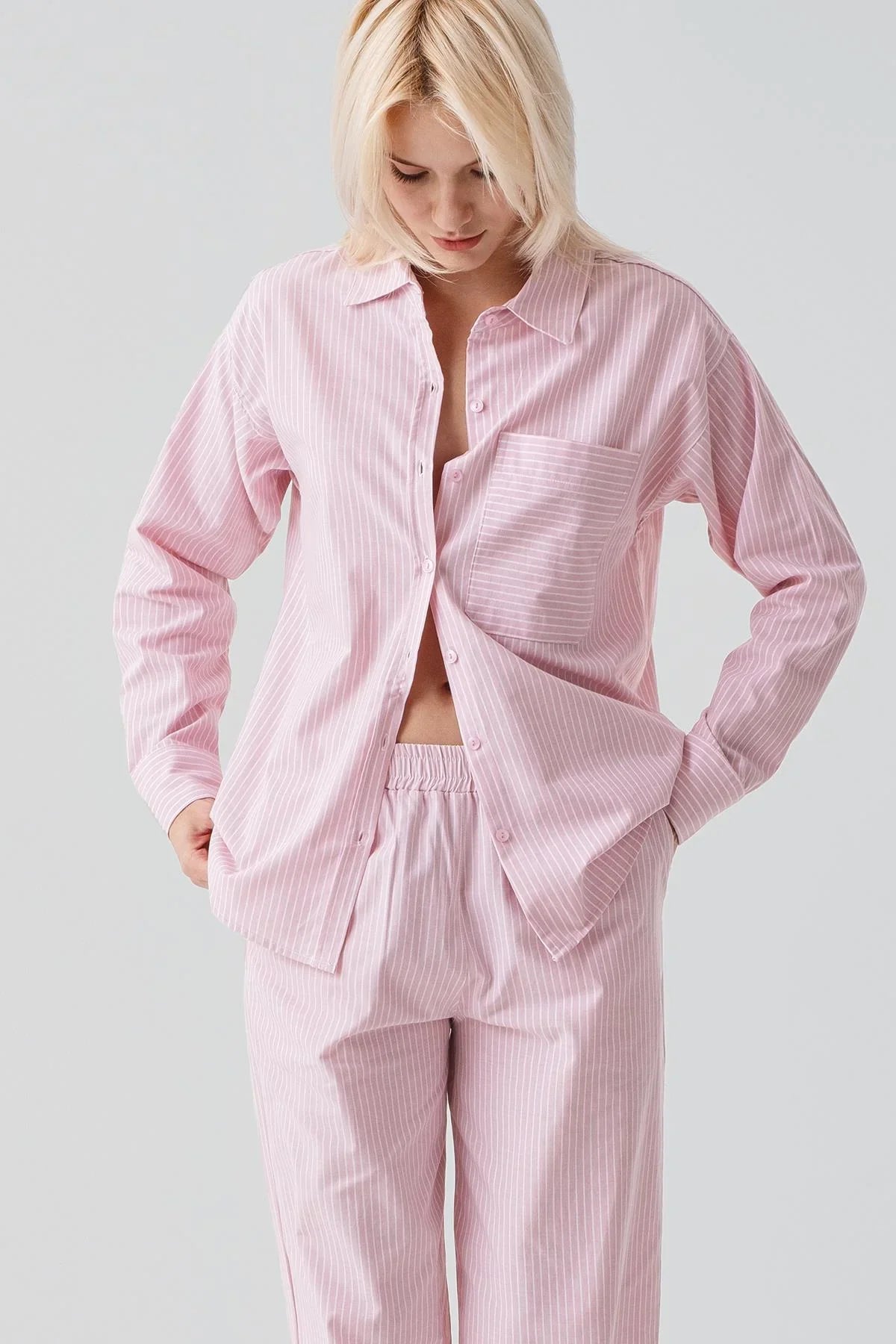 Long-Sleeved Striped Button-Down Woven 100% Cotton Pajama Set 19209