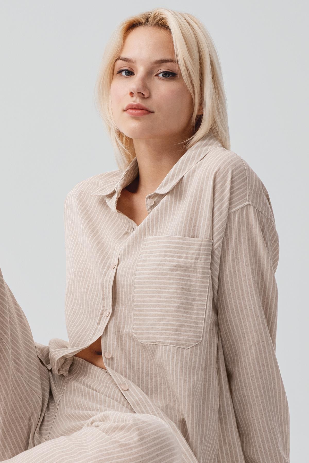 Uzun Kollu Çizgili Düğmeli Dokuma %100 Pamuk Pijama Takım 19209