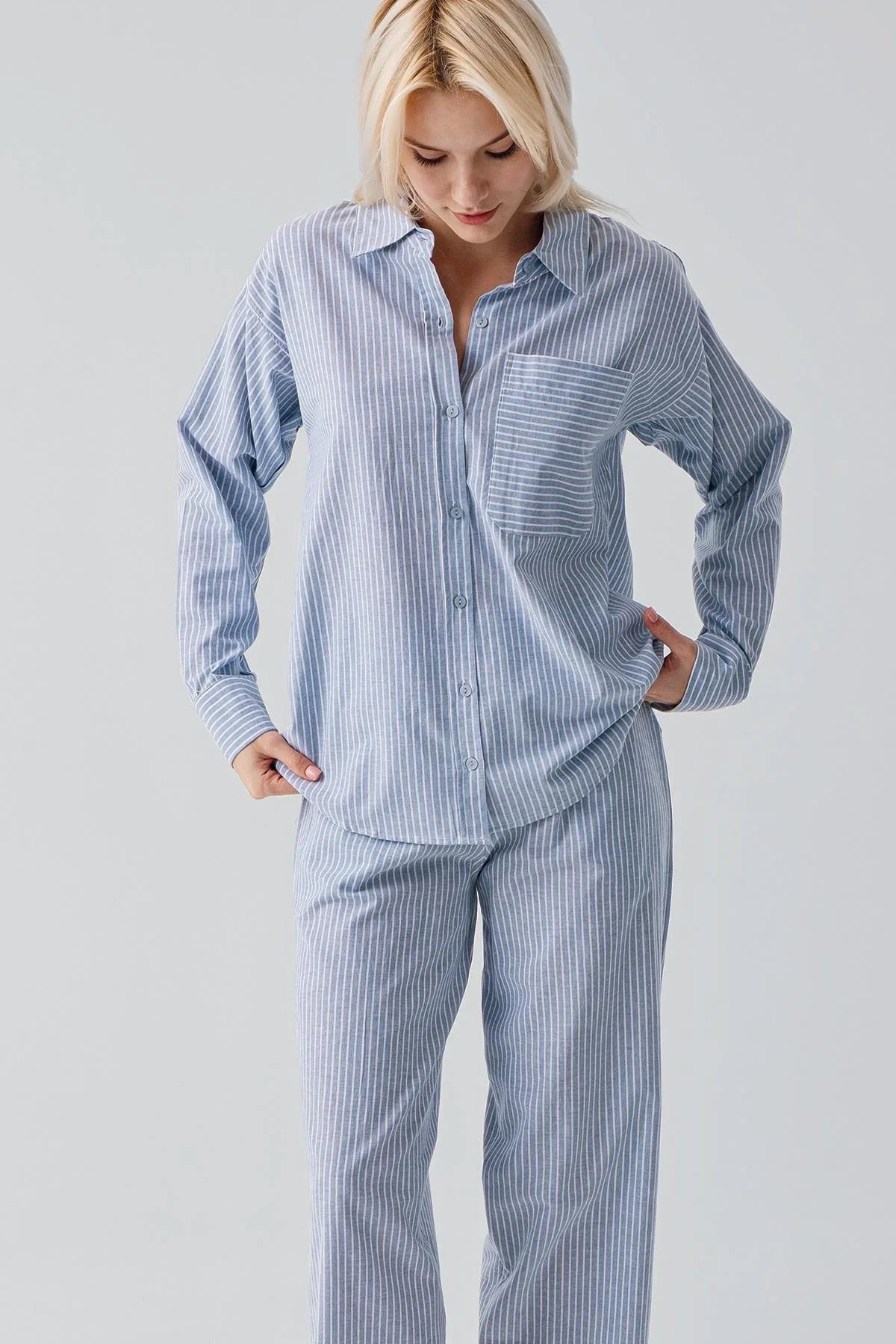 Long-Sleeved Striped Button-Down Woven 100% Cotton Pajama Set 19209