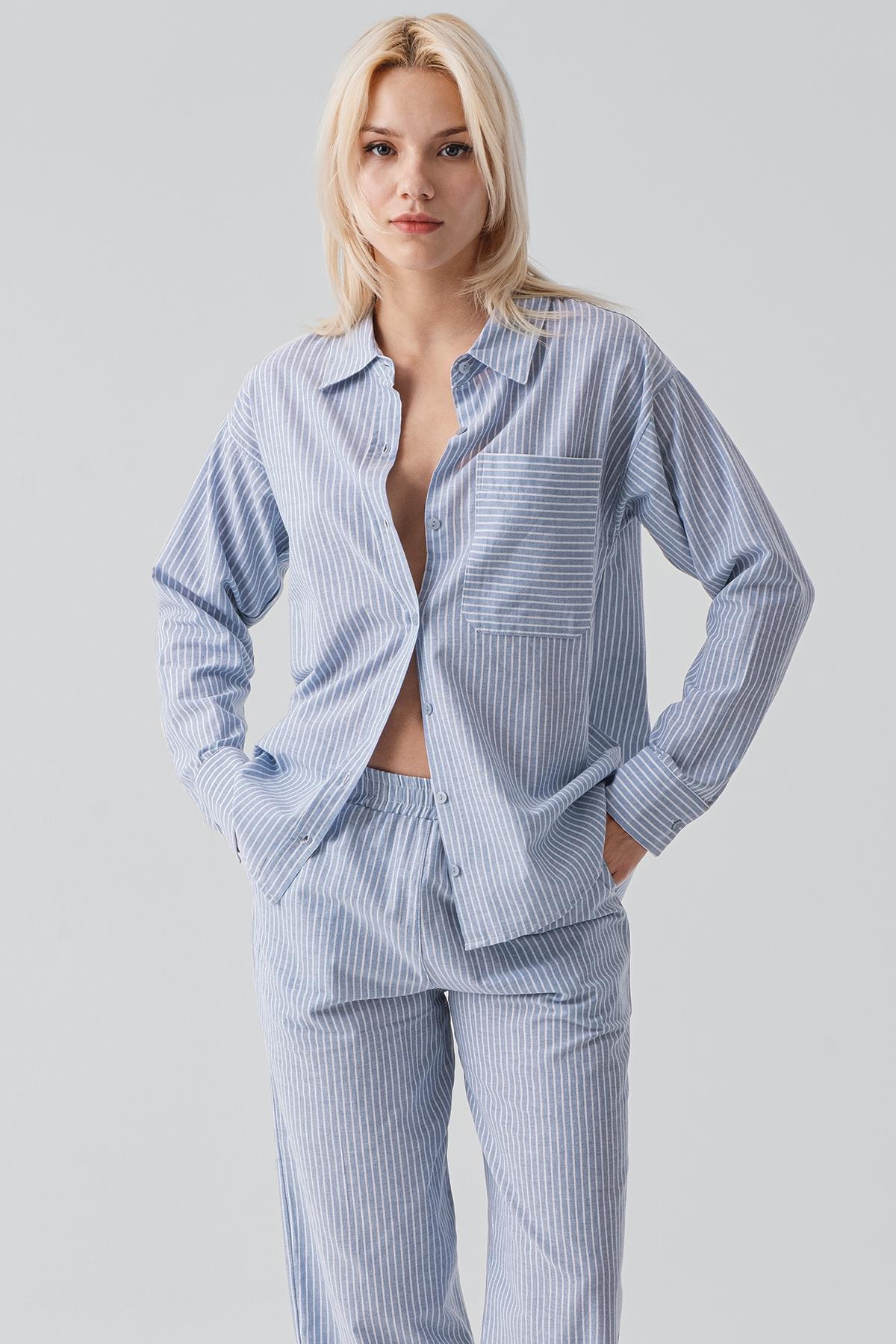 Uzun Kollu Çizgili Düğmeli Dokuma %100 Pamuk Pijama Takım 19209