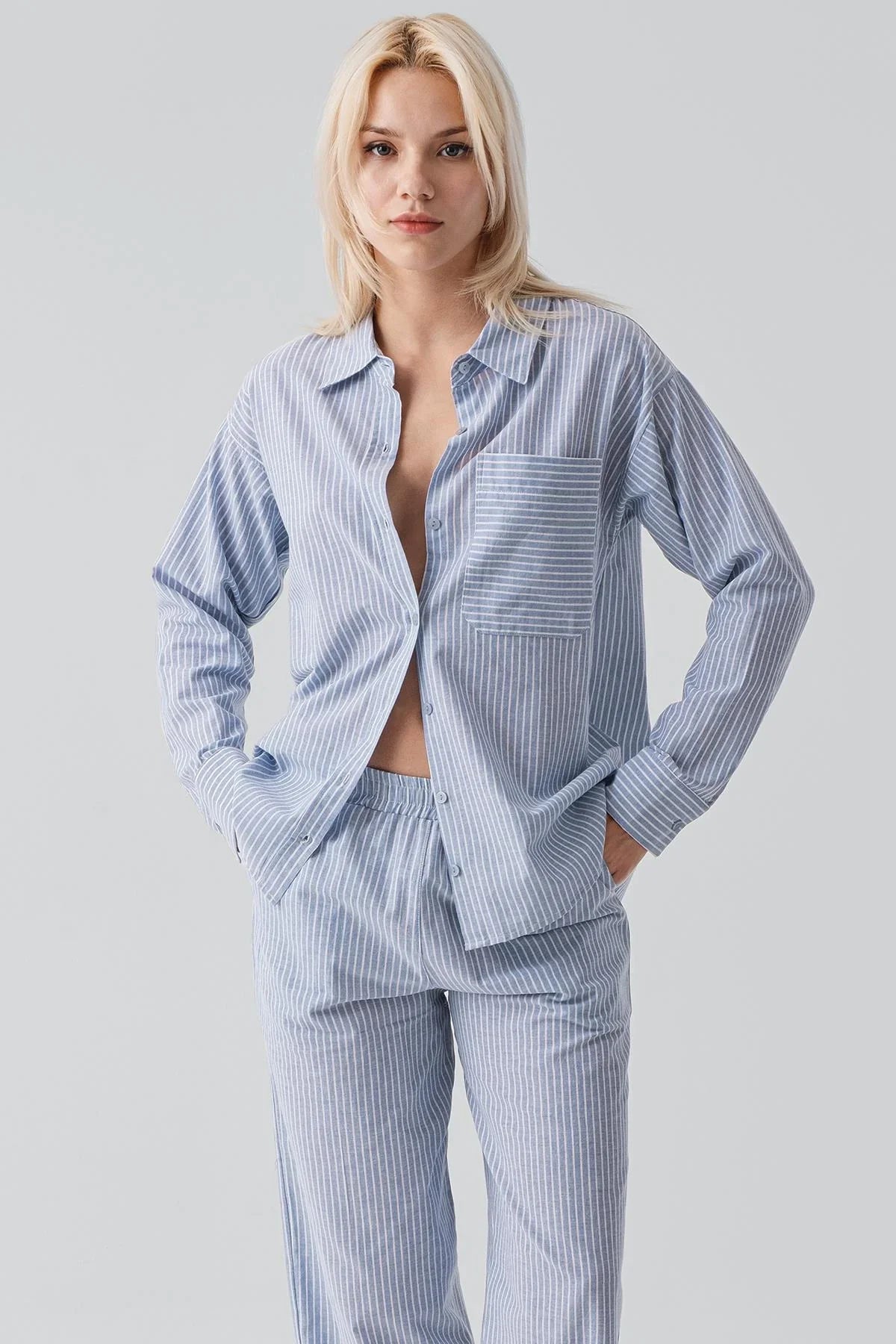 Long-Sleeved Striped Button-Down Woven 100% Cotton Pajama Set 19209