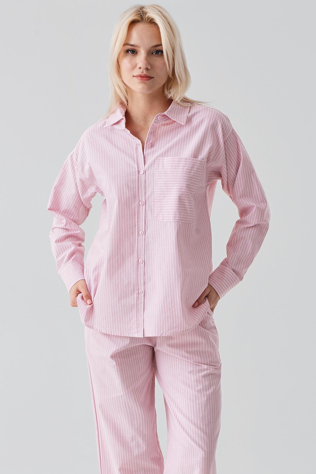 Uzun Kollu Çizgili Düğmeli Dokuma %100 Pamuk Pijama Takım 19209