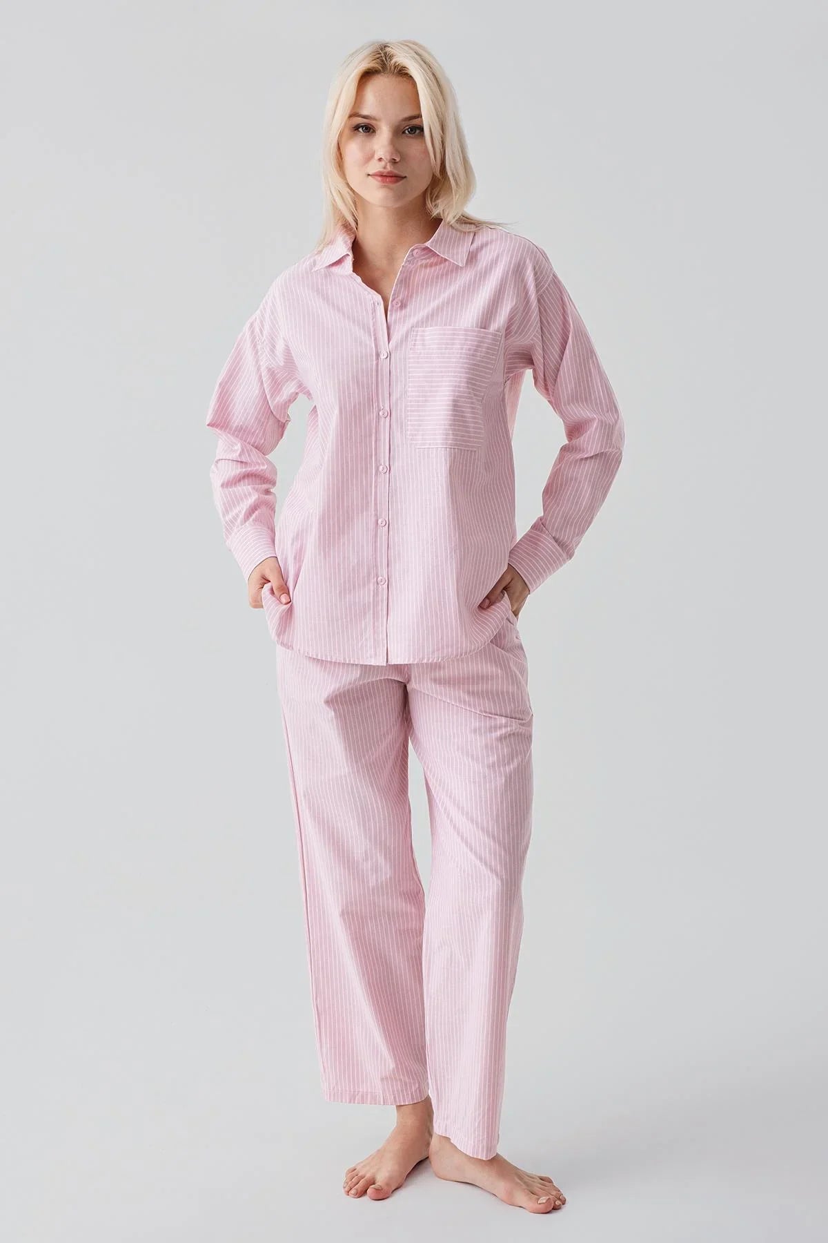 Long-Sleeved Striped Button-Down Woven 100% Cotton Pajama Set 19209