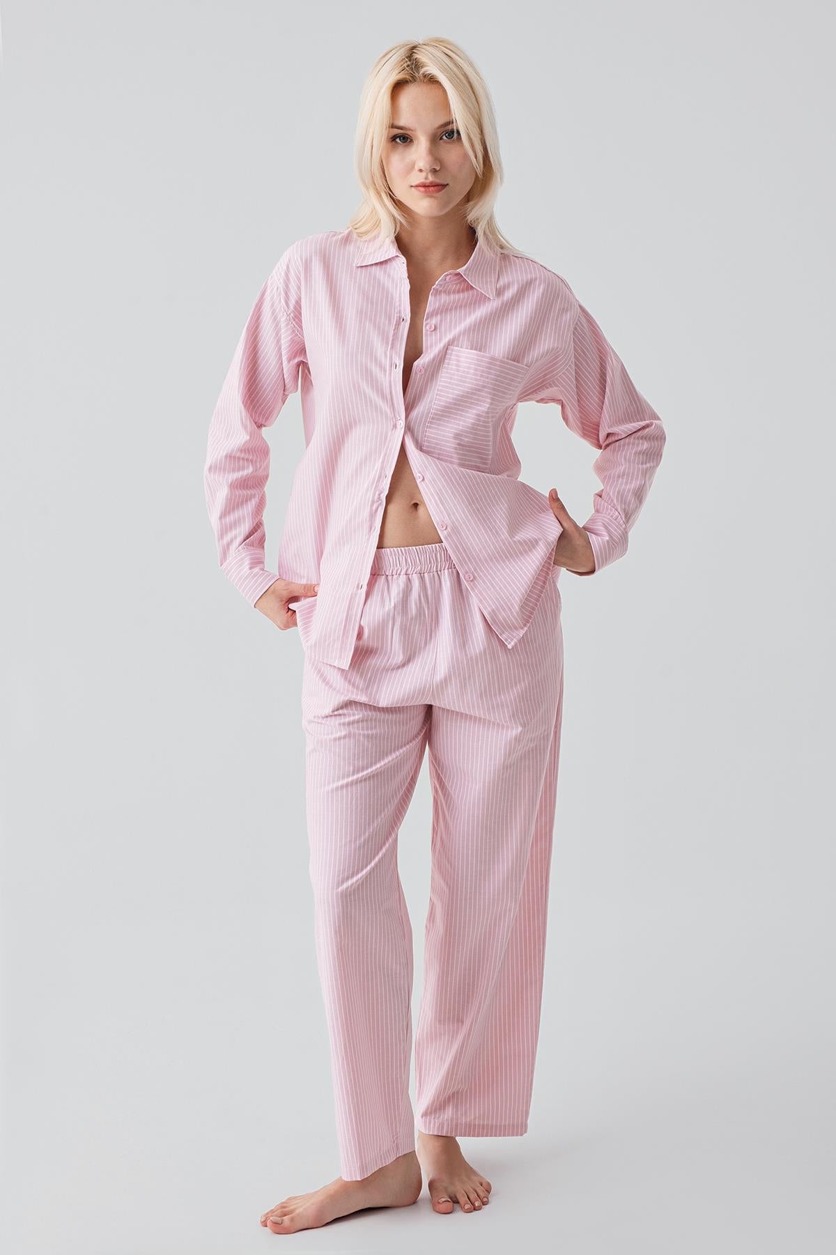 Uzun Kollu Çizgili Düğmeli Dokuma %100 Pamuk Pijama Takım 19209