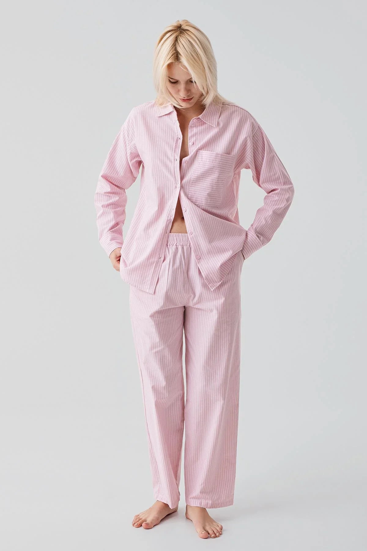 Long-Sleeved Striped Button-Down Woven 100% Cotton Pajama Set 19209