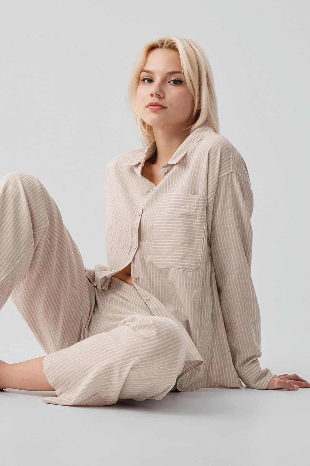 Long-Sleeved Striped Button-Down Woven 100% Cotton Pajama Set 19209