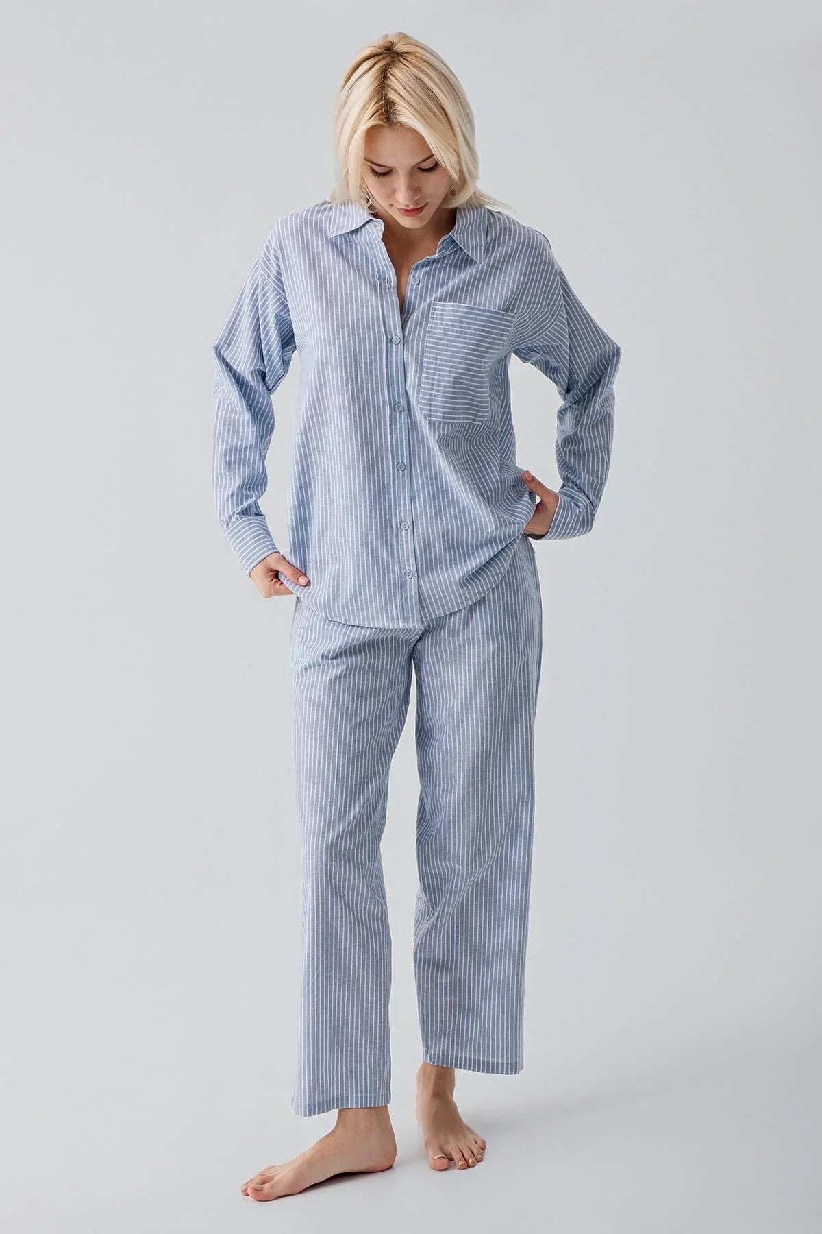 Long-Sleeved Striped Button-Down Woven 100% Cotton Pajama Set 19209