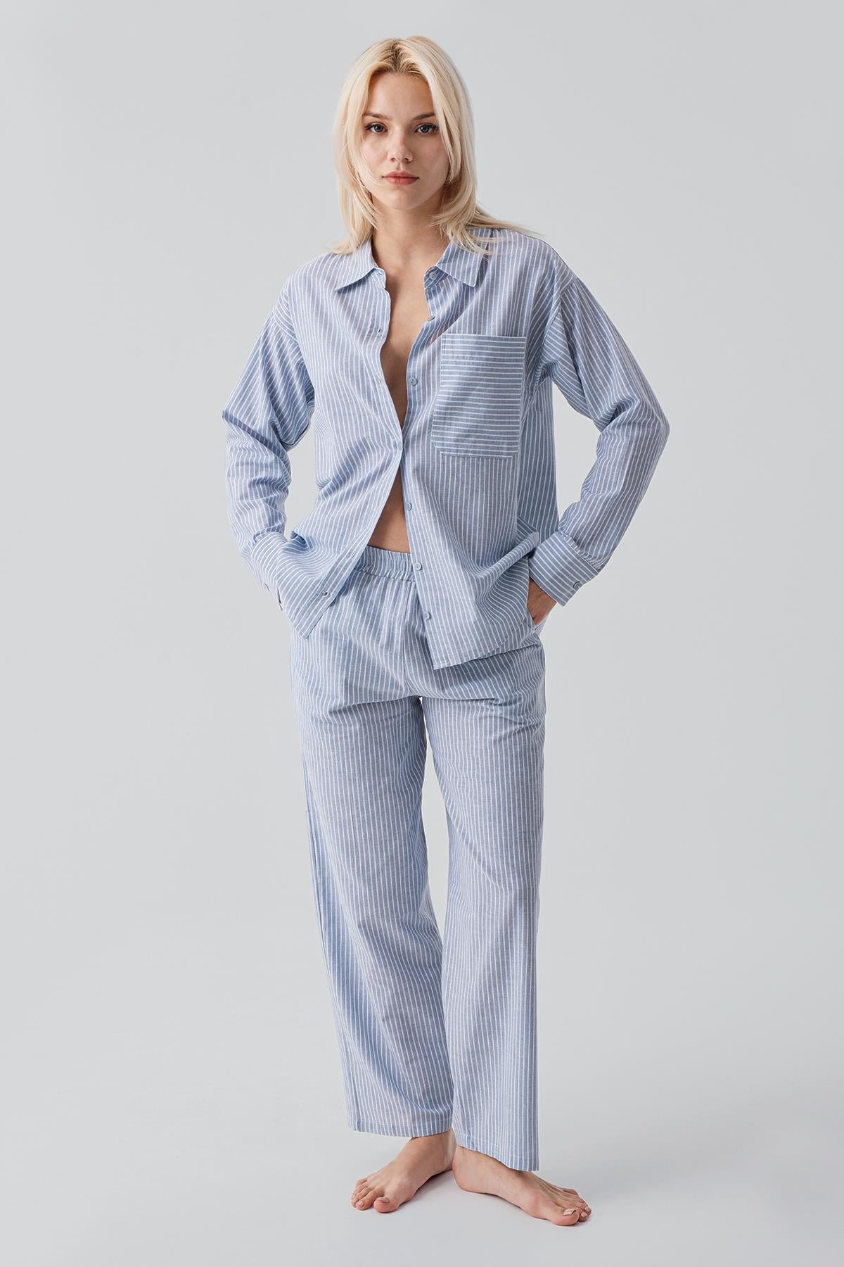 Uzun Kollu Çizgili Düğmeli Dokuma %100 Pamuk Pijama Takım 19209