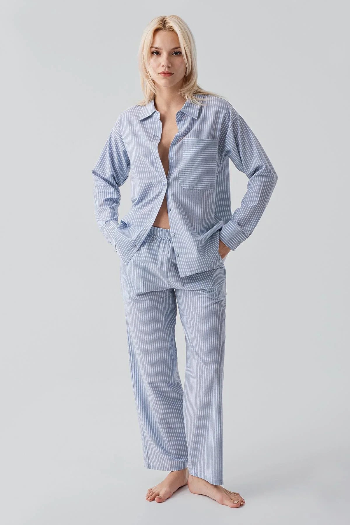 Long-Sleeved Striped Button-Down Woven 100% Cotton Pajama Set 19209
