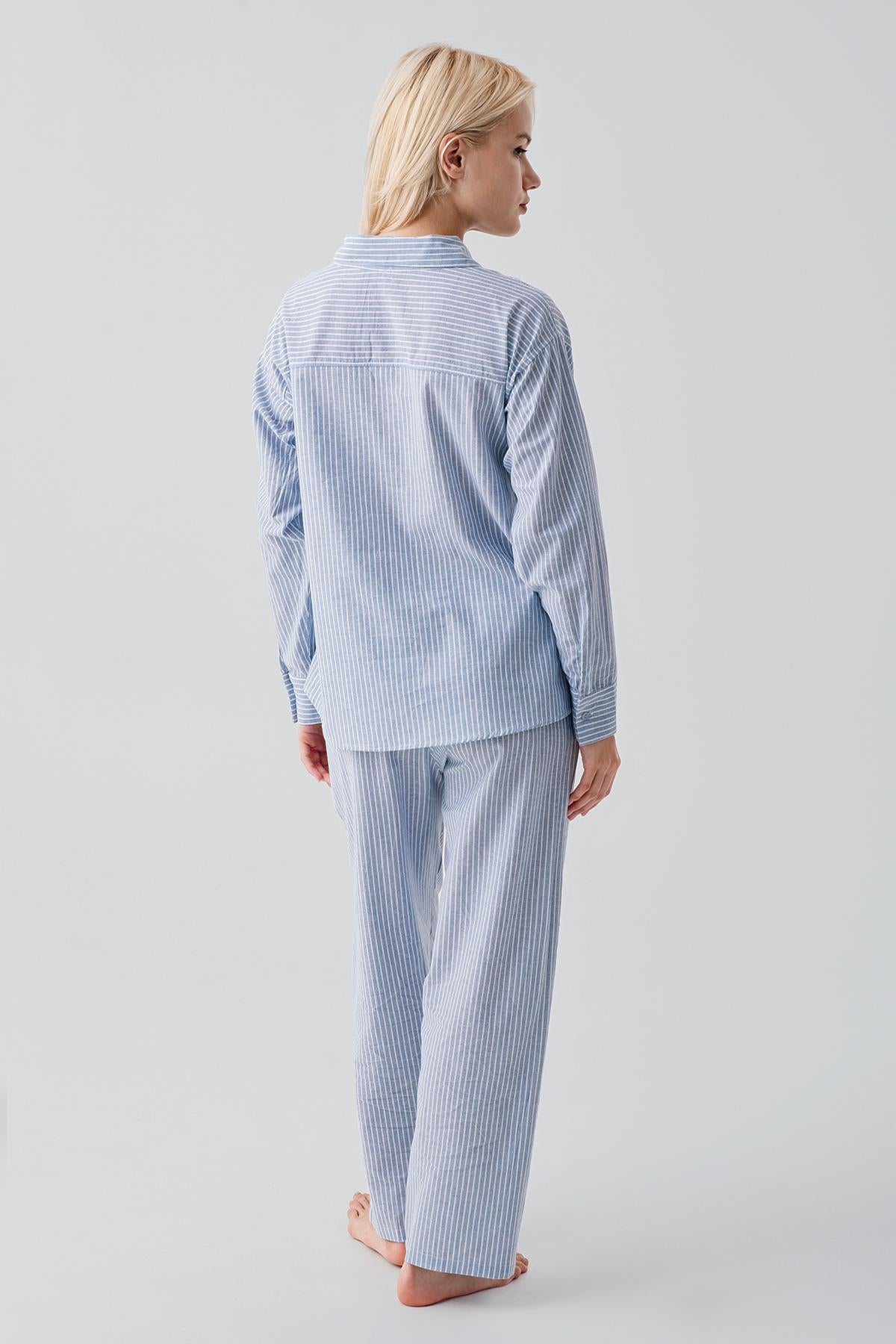 Uzun Kollu Çizgili Düğmeli Dokuma %100 Pamuk Pijama Takım 19209