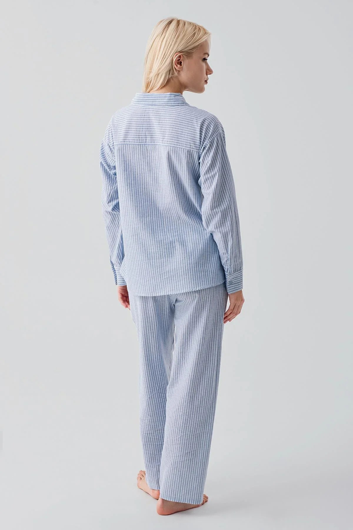 Long-Sleeved Striped Button-Down Woven 100% Cotton Pajama Set 19209