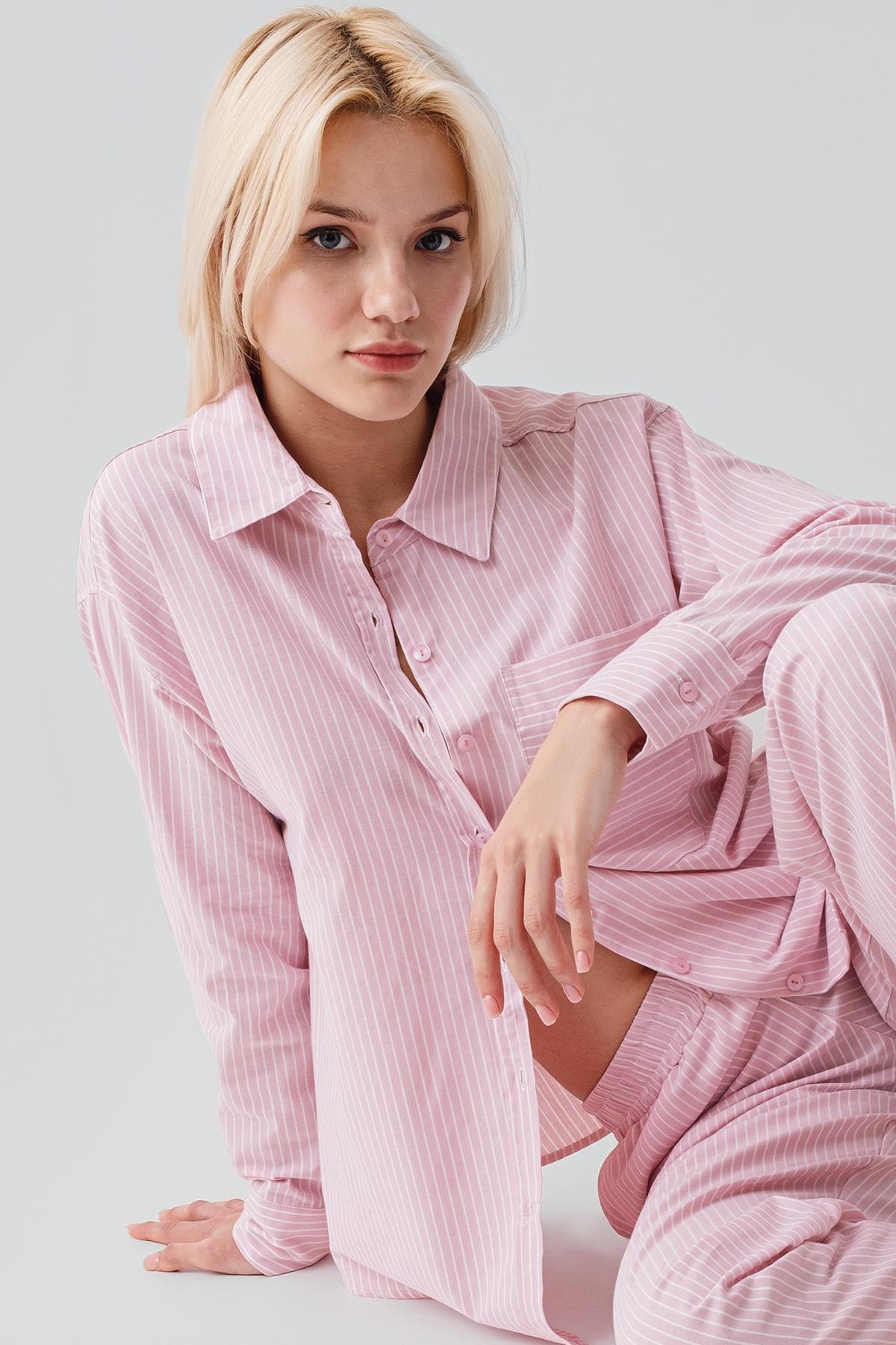 Uzun Kollu Çizgili Düğmeli Dokuma %100 Pamuk Pijama Takım 19209