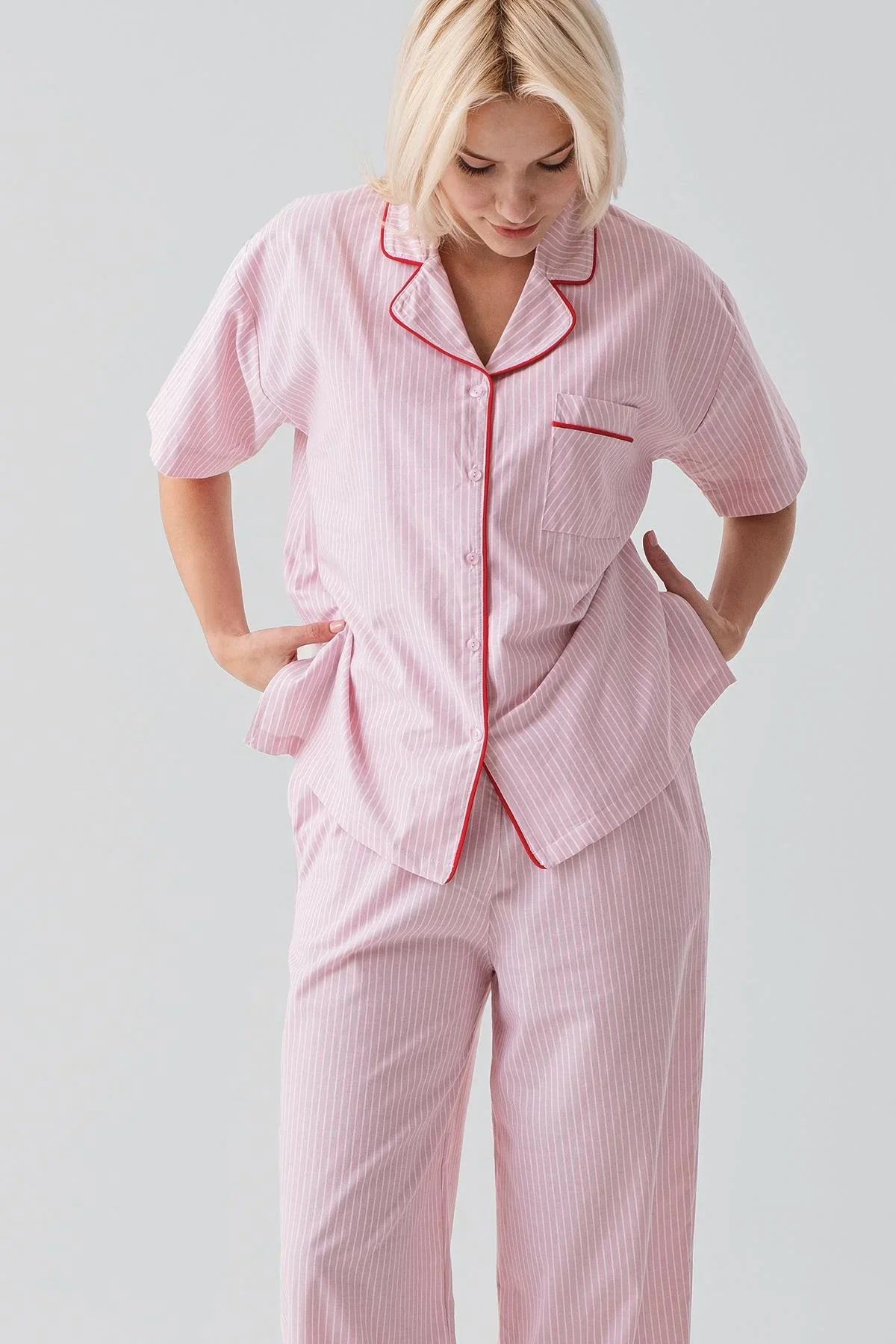 Short-Sleeved Buttoned Striped Woven 100% Cotton Pajama Set 19208