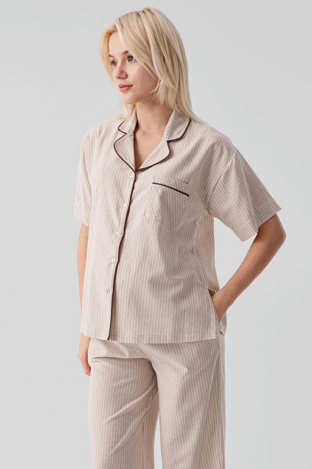 Short-Sleeved Buttoned Striped Woven 100% Cotton Pajama Set 19208