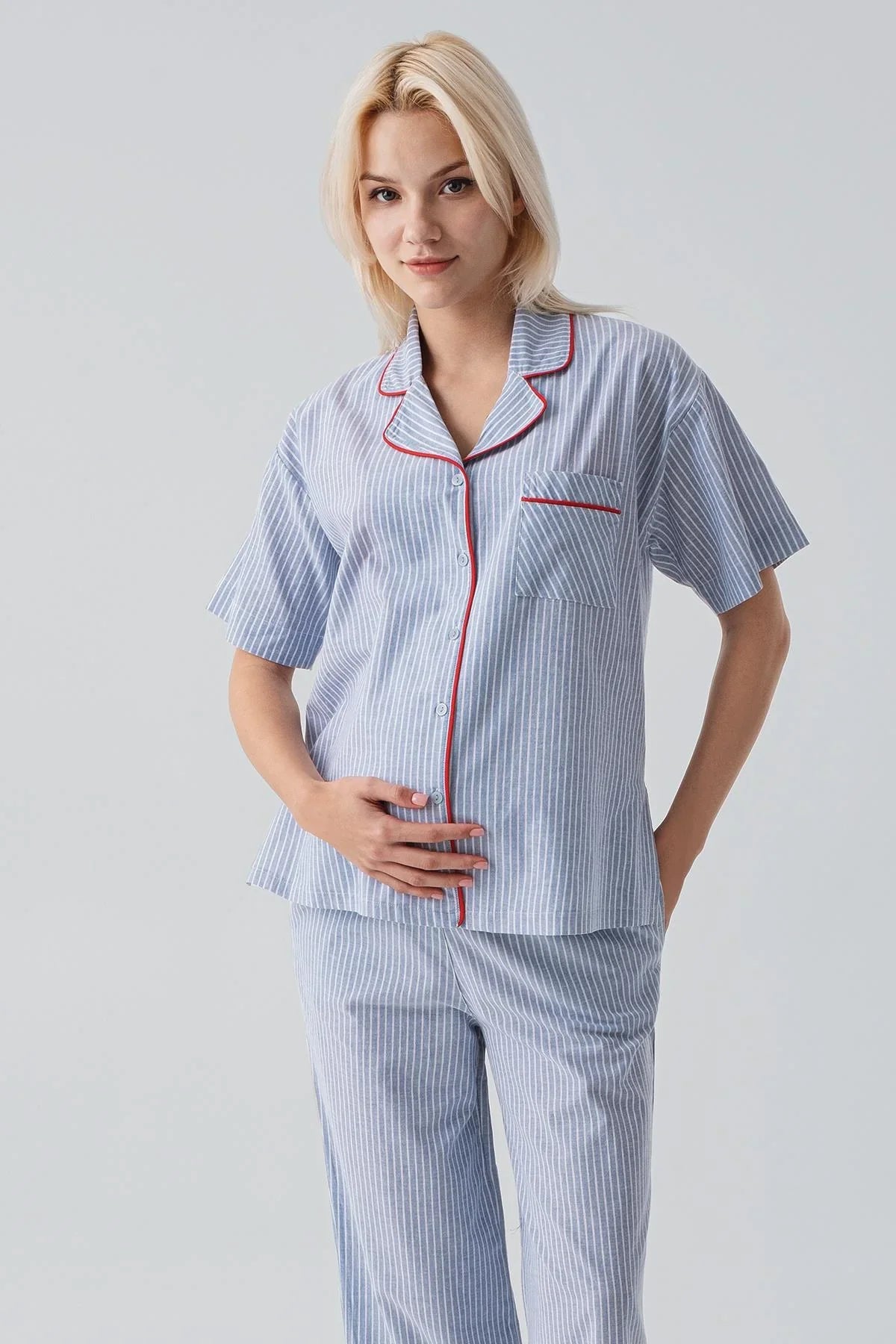 Short-Sleeved Buttoned Striped Woven 100% Cotton Pajama Set 19208