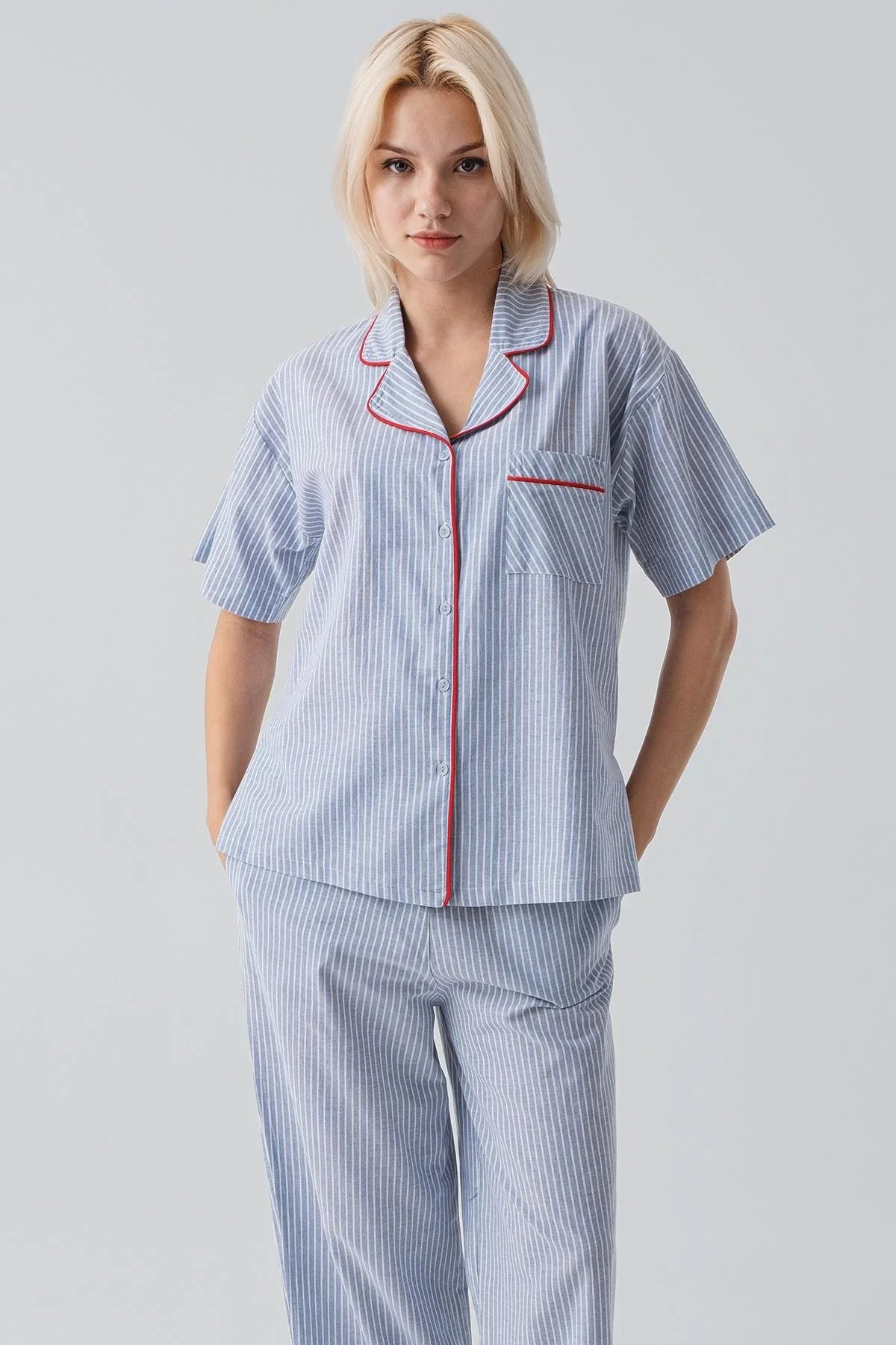 Short-Sleeved Buttoned Striped Woven 100% Cotton Pajama Set 19208