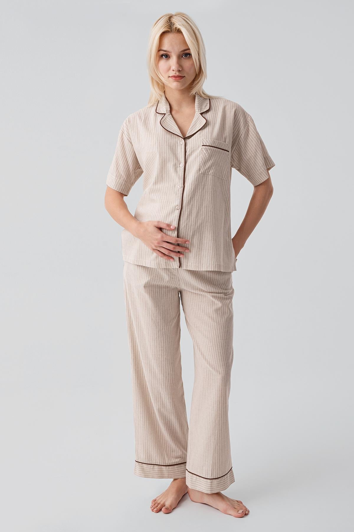 Kısa Kollu Düğmeli Çizgili Dokuma %100 Pamuk Pijama Takım 19208