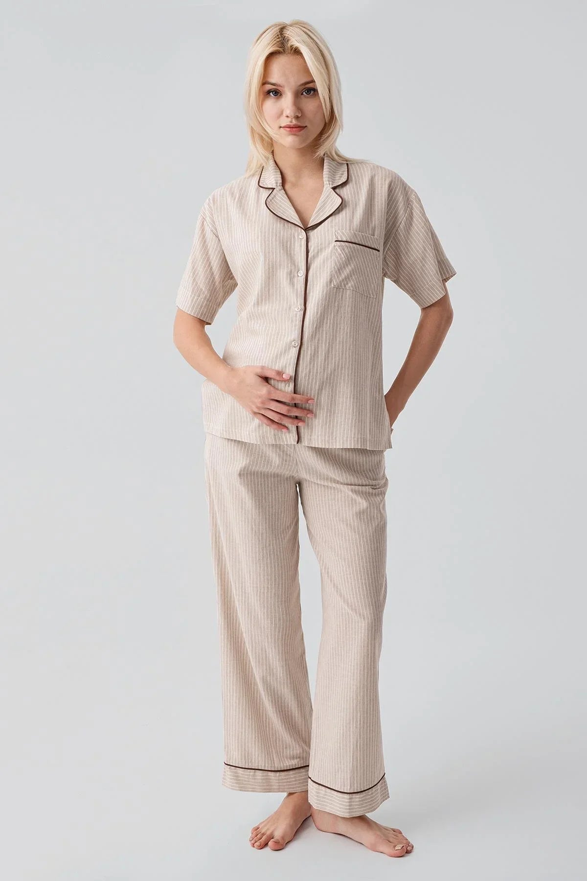 Short-Sleeved Buttoned Striped Woven 100% Cotton Pajama Set 19208