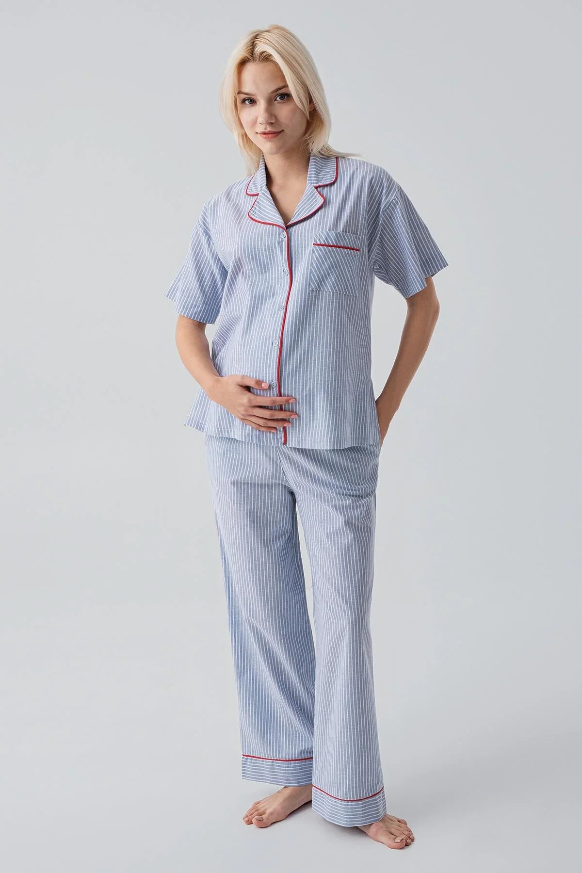 Short-Sleeved Buttoned Striped Woven 100% Cotton Pajama Set 19208