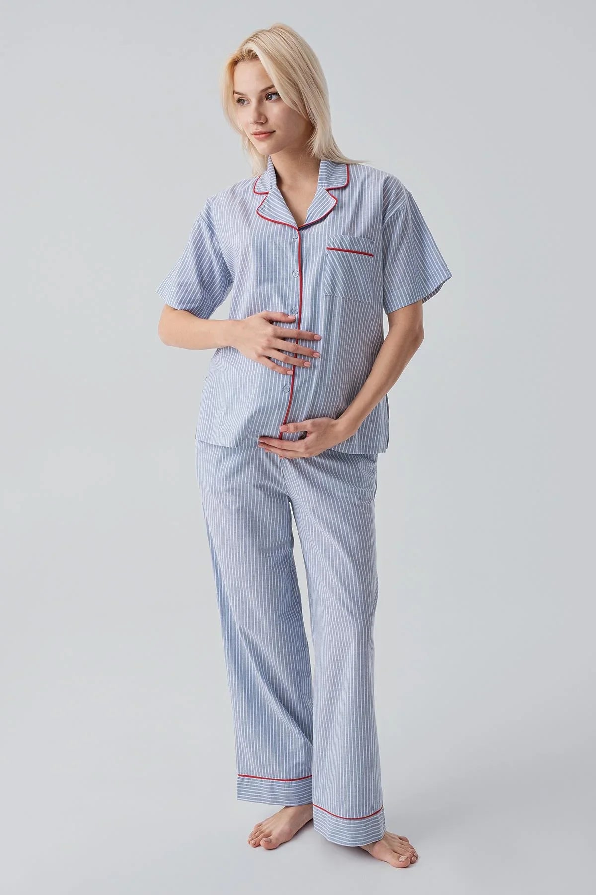 Short-Sleeved Buttoned Striped Woven 100% Cotton Pajama Set 19208