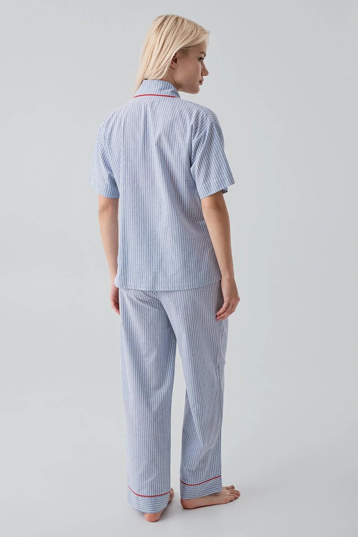 Short-Sleeved Buttoned Striped Woven 100% Cotton Pajama Set 19208