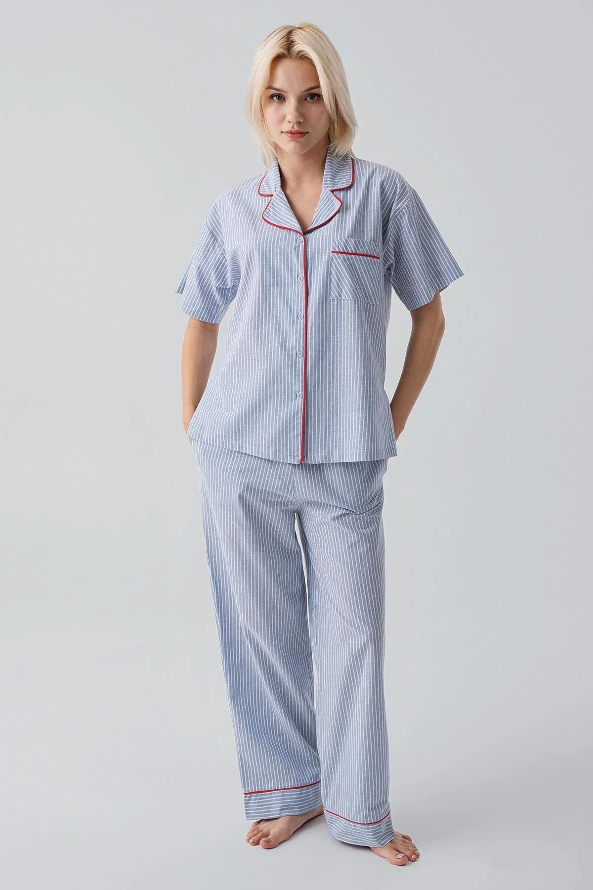 Short-Sleeved Buttoned Striped Woven 100% Cotton Pajama Set 19208