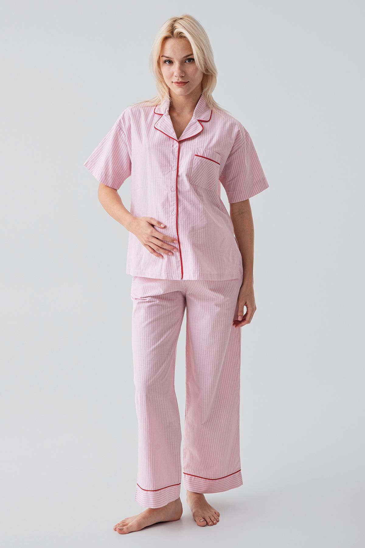 Kısa Kollu Düğmeli Çizgili Dokuma %100 Pamuk Pijama Takım 19208