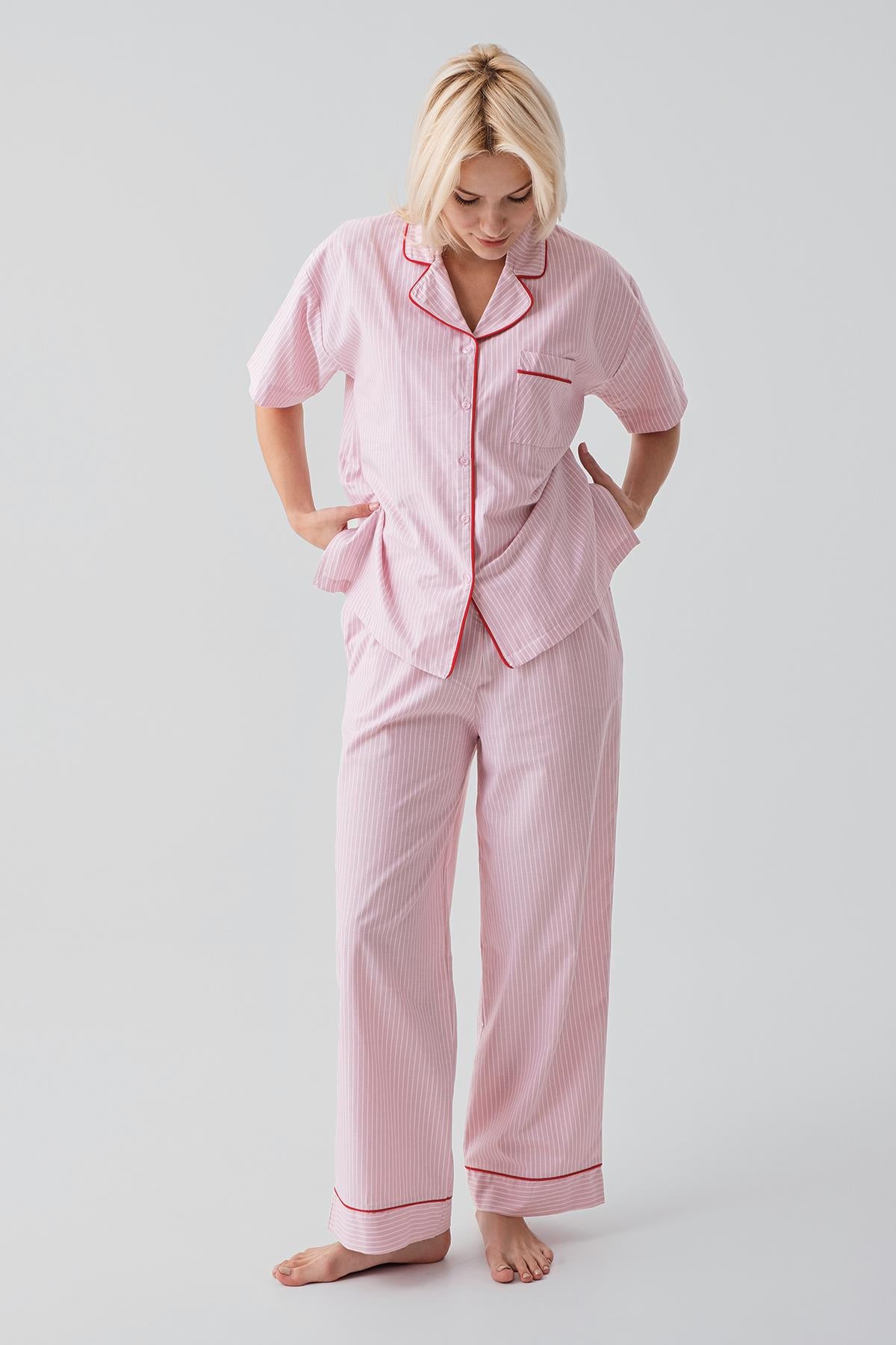 Kısa Kollu Düğmeli Çizgili Dokuma %100 Pamuk Pijama Takım 19208