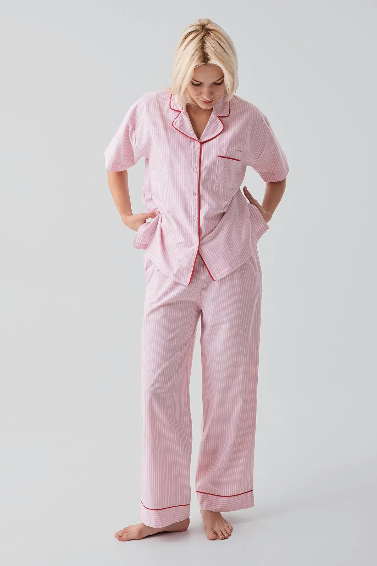Short-Sleeved Buttoned Striped Woven 100% Cotton Pajama Set 19208