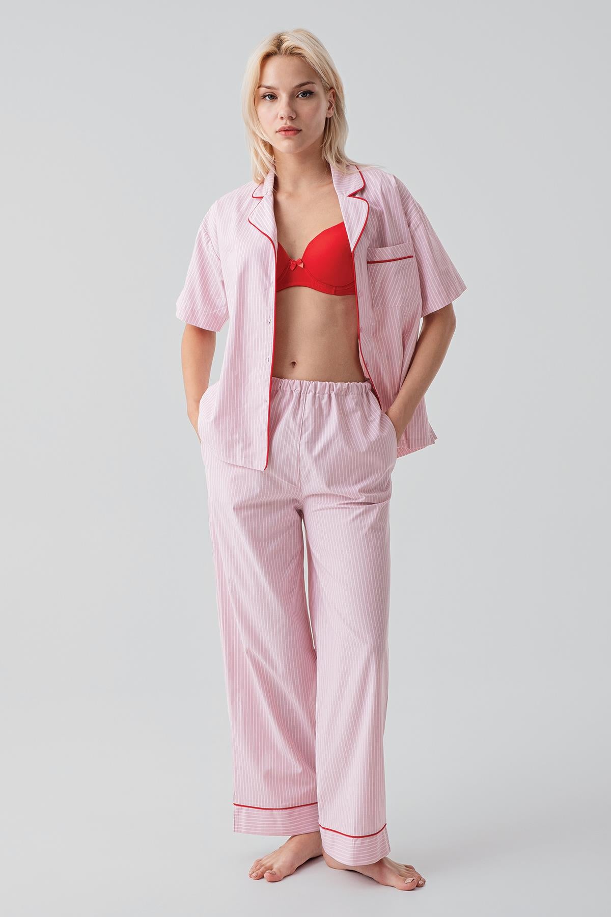 Kısa Kollu Düğmeli Çizgili Dokuma %100 Pamuk Pijama Takım 19208