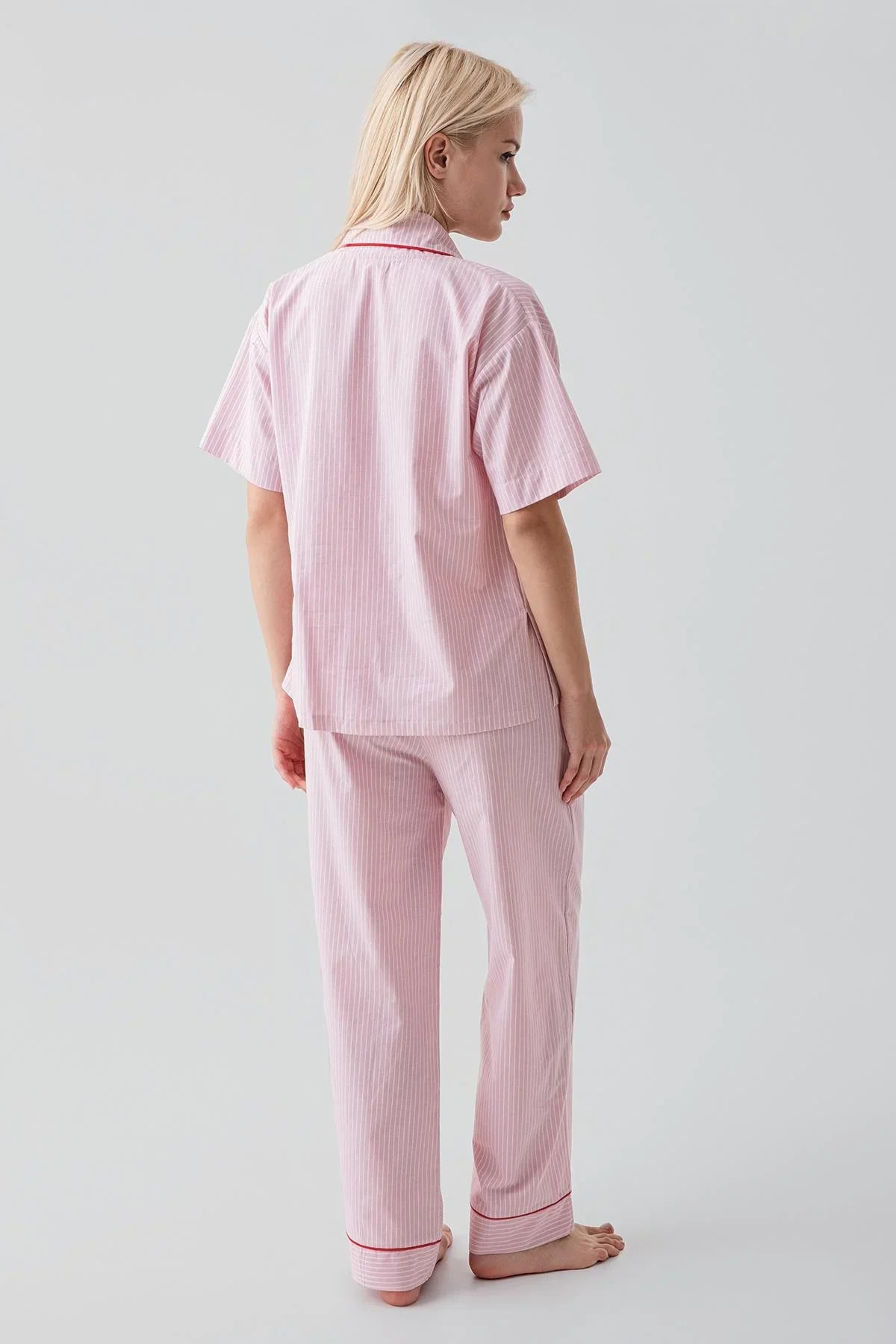 Short-Sleeved Buttoned Striped Woven 100% Cotton Pajama Set 19208