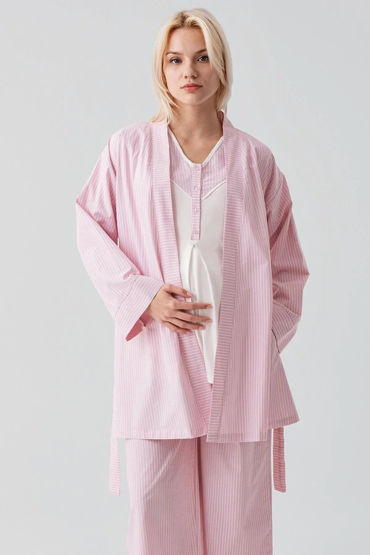 Kısa Kollu Çizgili Düğmeli Dokuma Pamuklu Esnek Viskoz Hamile Sabahlık Pijama Takım 19308