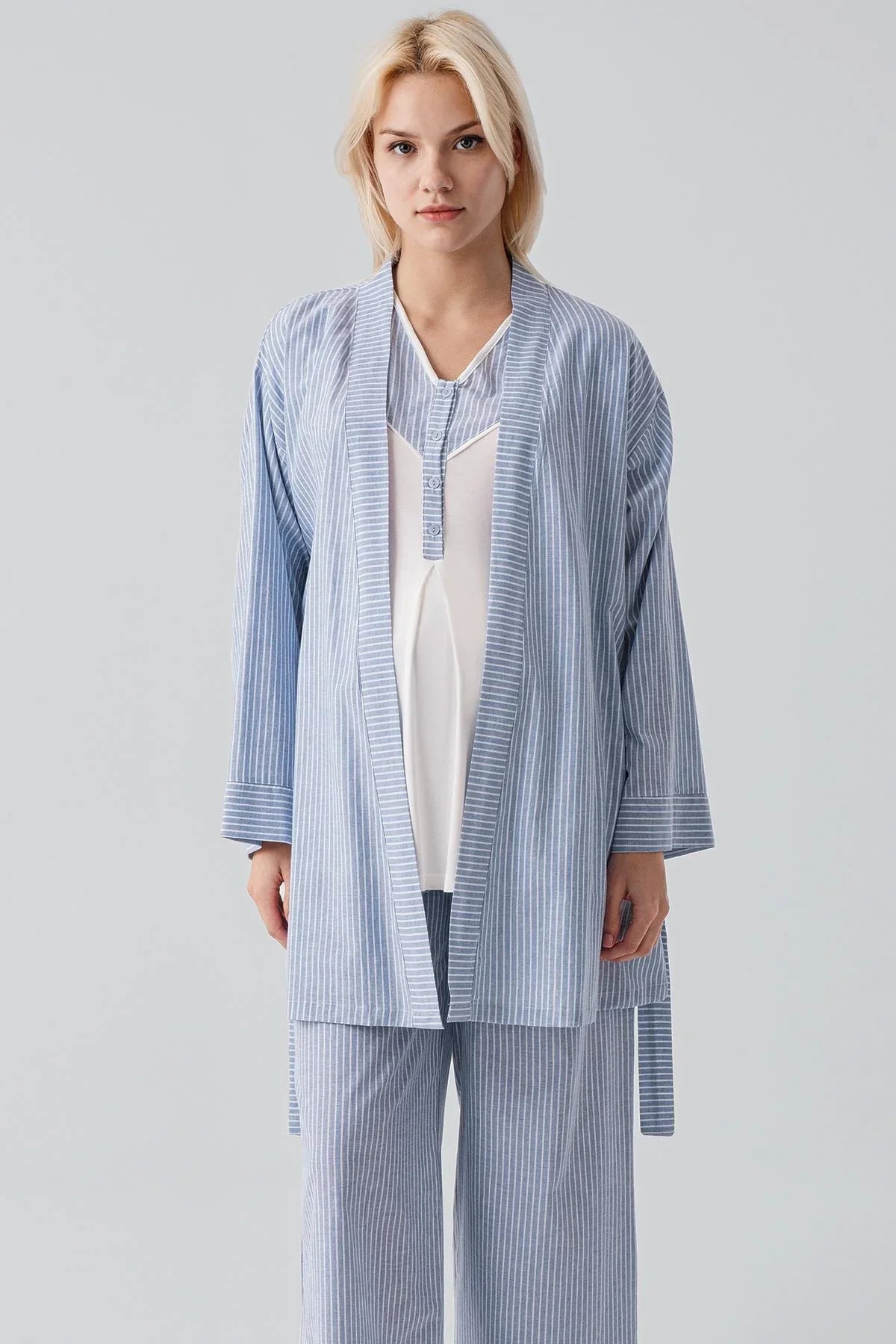 Kısa Kollu Çizgili Düğmeli Dokuma Pamuklu Esnek Viskoz Hamile Sabahlık Pijama Takım 19308