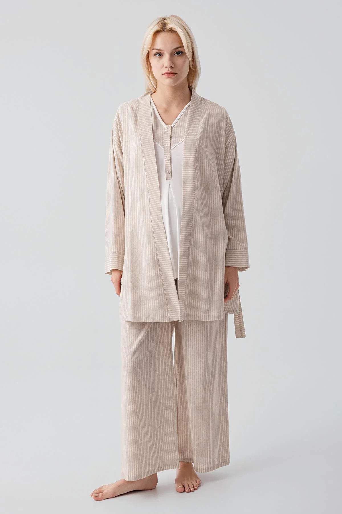 Kısa Kollu Çizgili Düğmeli Dokuma Pamuklu Esnek Viskoz Hamile Sabahlık Pijama Takım 19308