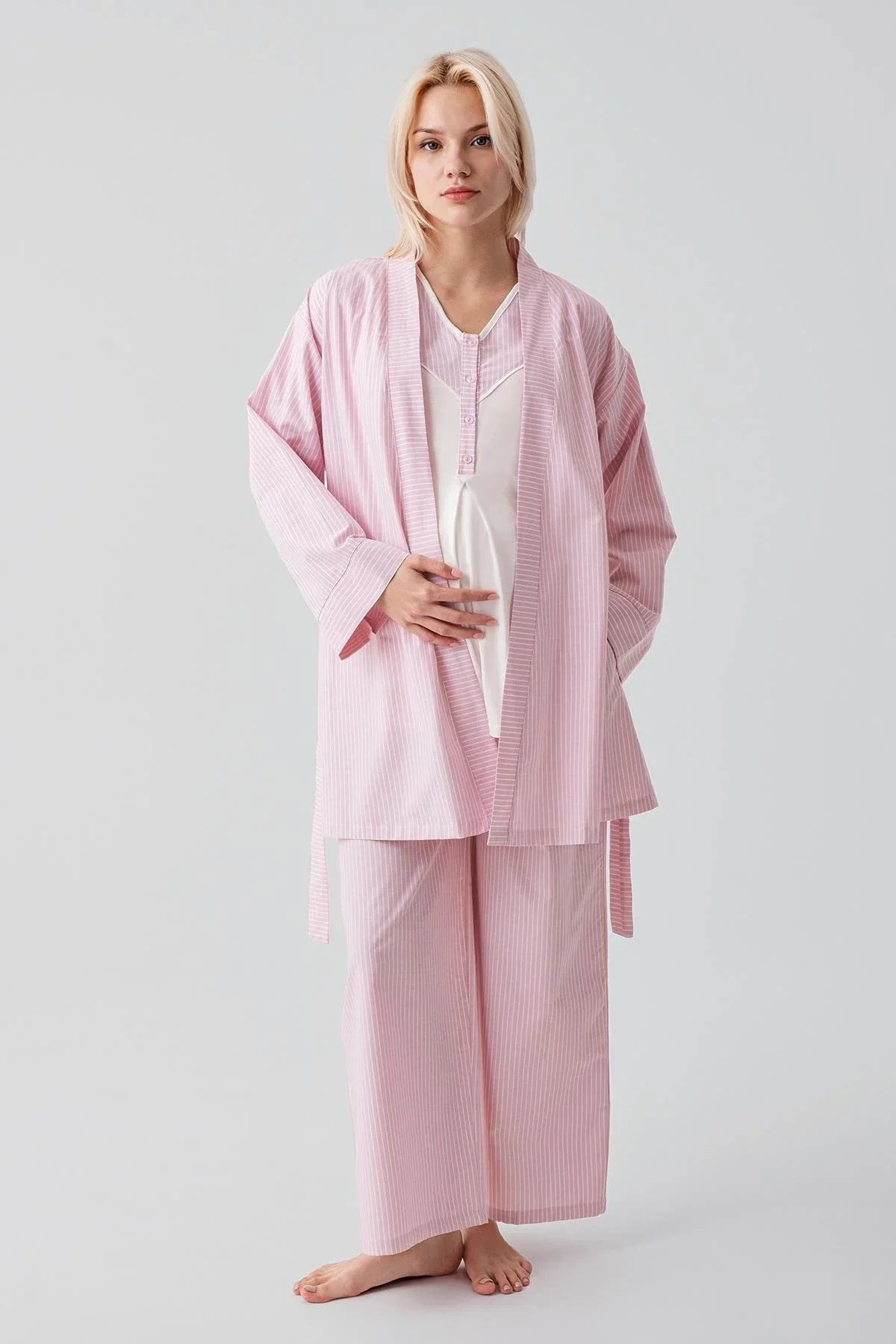 Kısa Kollu Çizgili Düğmeli Dokuma Pamuklu Esnek Viskoz Hamile Sabahlık Pijama Takım 19308