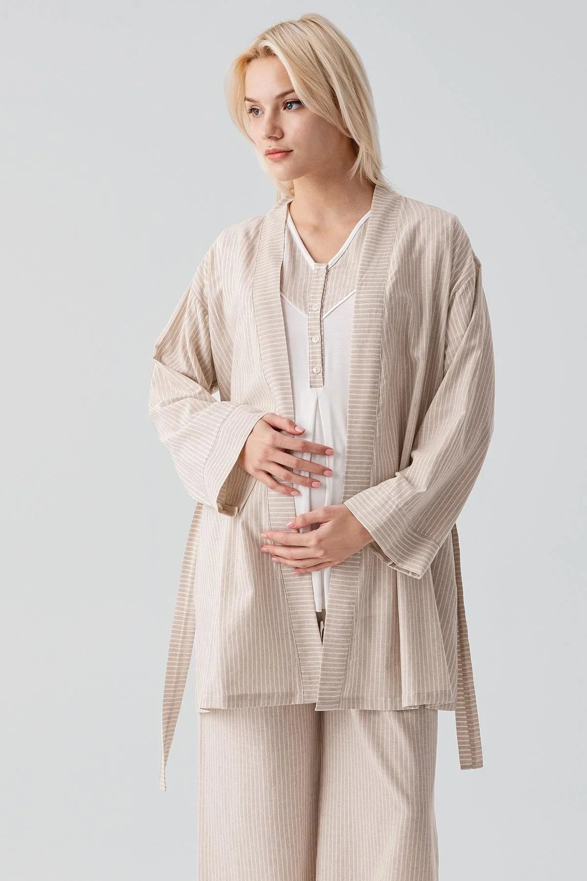 Kısa Kollu Çizgili Düğmeli Dokuma Pamuklu Esnek Viskoz Hamile Sabahlık Pijama Takım 19308