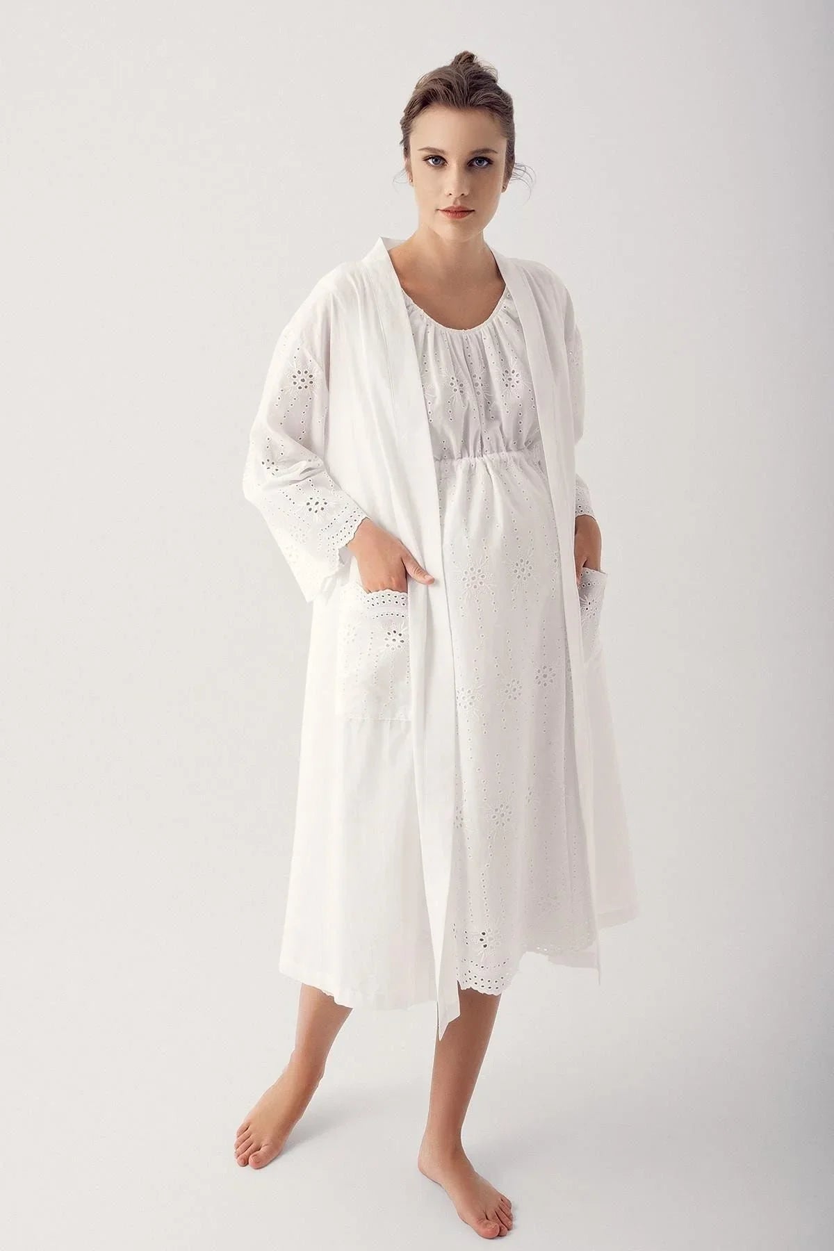 Woven Cotton Strappy Maternity Nightgown Dressing Gown Set 14407
