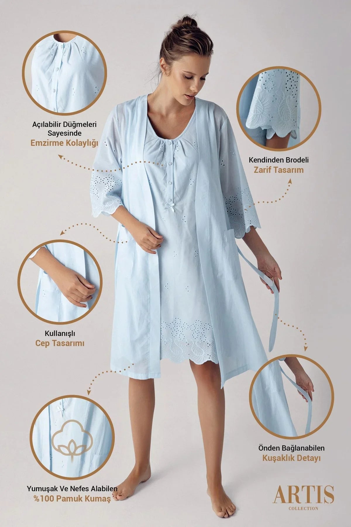 Dokuma Pamuklu Hamile Gecelik Sabahlık Takım 10402