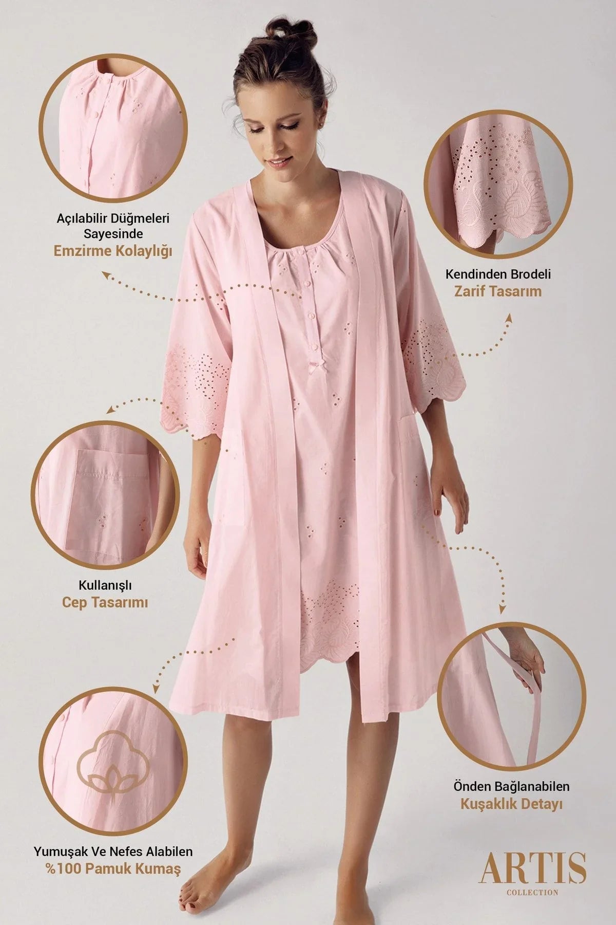 Dokuma Pamuklu Hamile Gecelik Sabahlık Takım 10402 - Artış Collection
