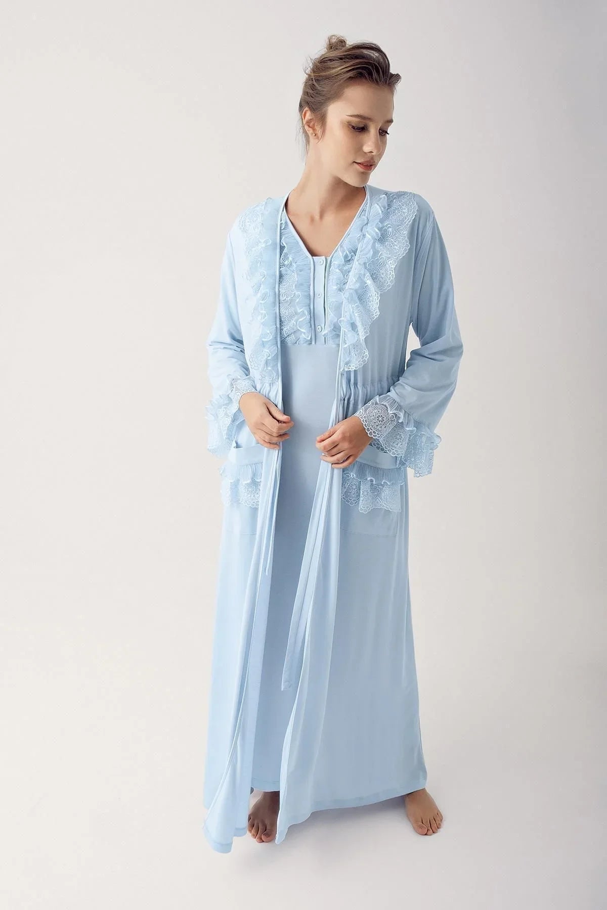 Düğmeli Dantelli Uzun Kollu Esnek Viskoz Gecelik 14103